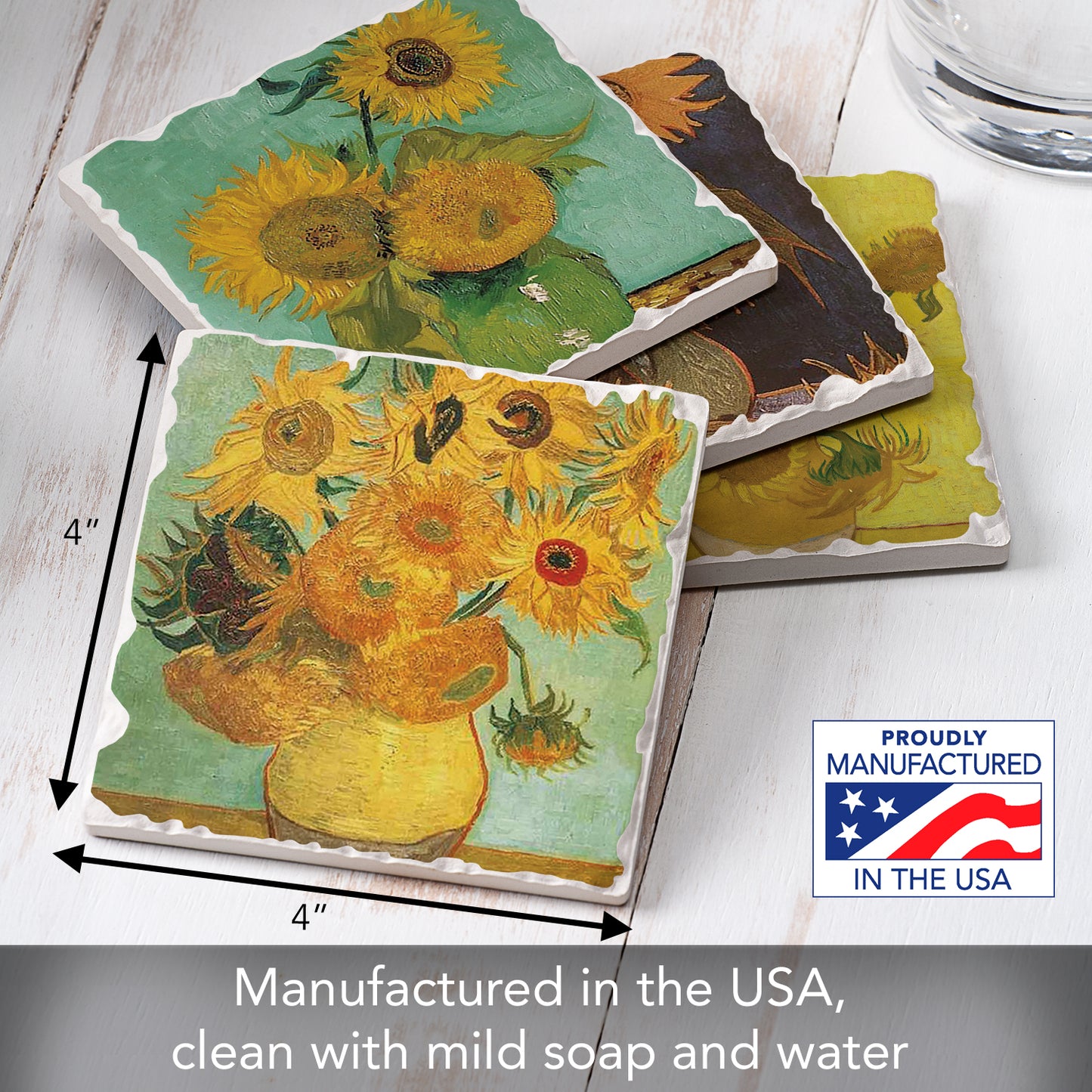 Thirstystone Van Gogh Sunflowers 4-Pack Assorted Tumbled Tile Stone Coasters 4" Square