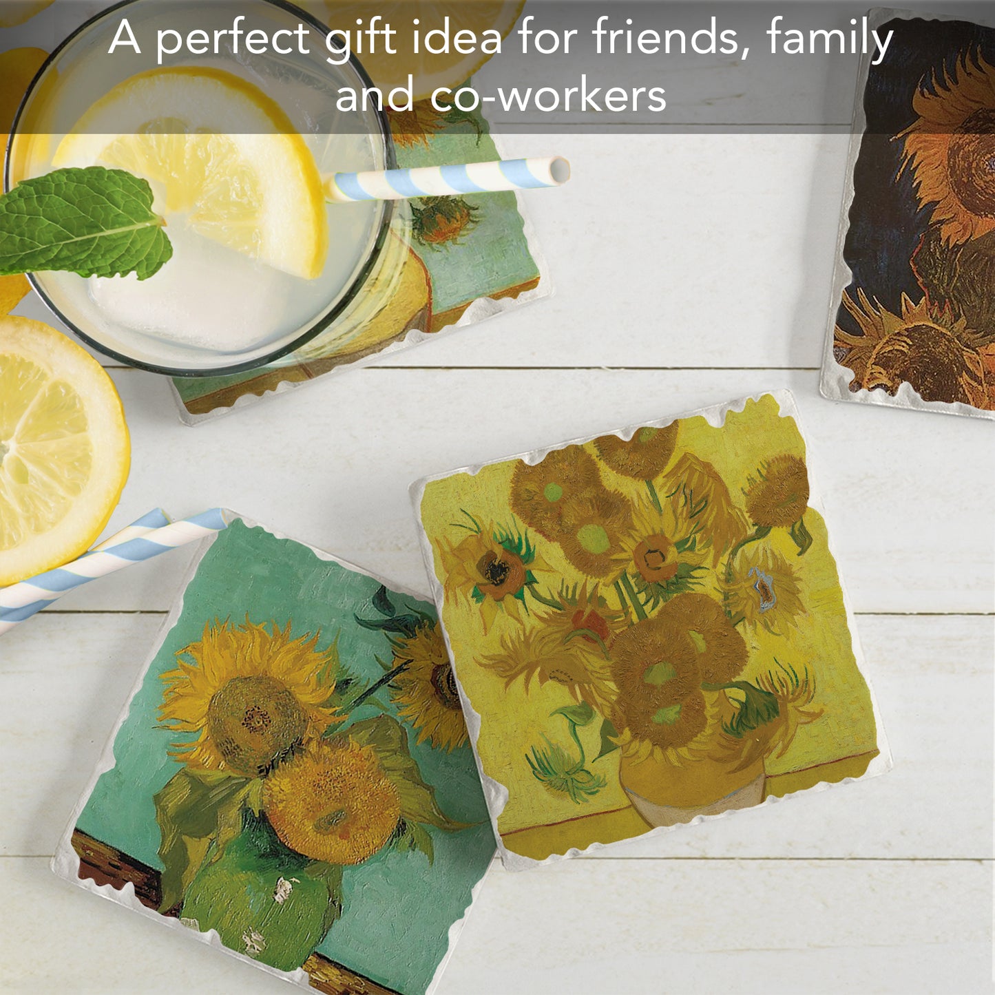 Thirstystone Van Gogh Sunflowers 4-Pack Assorted Tumbled Tile Stone Coasters 4" Square