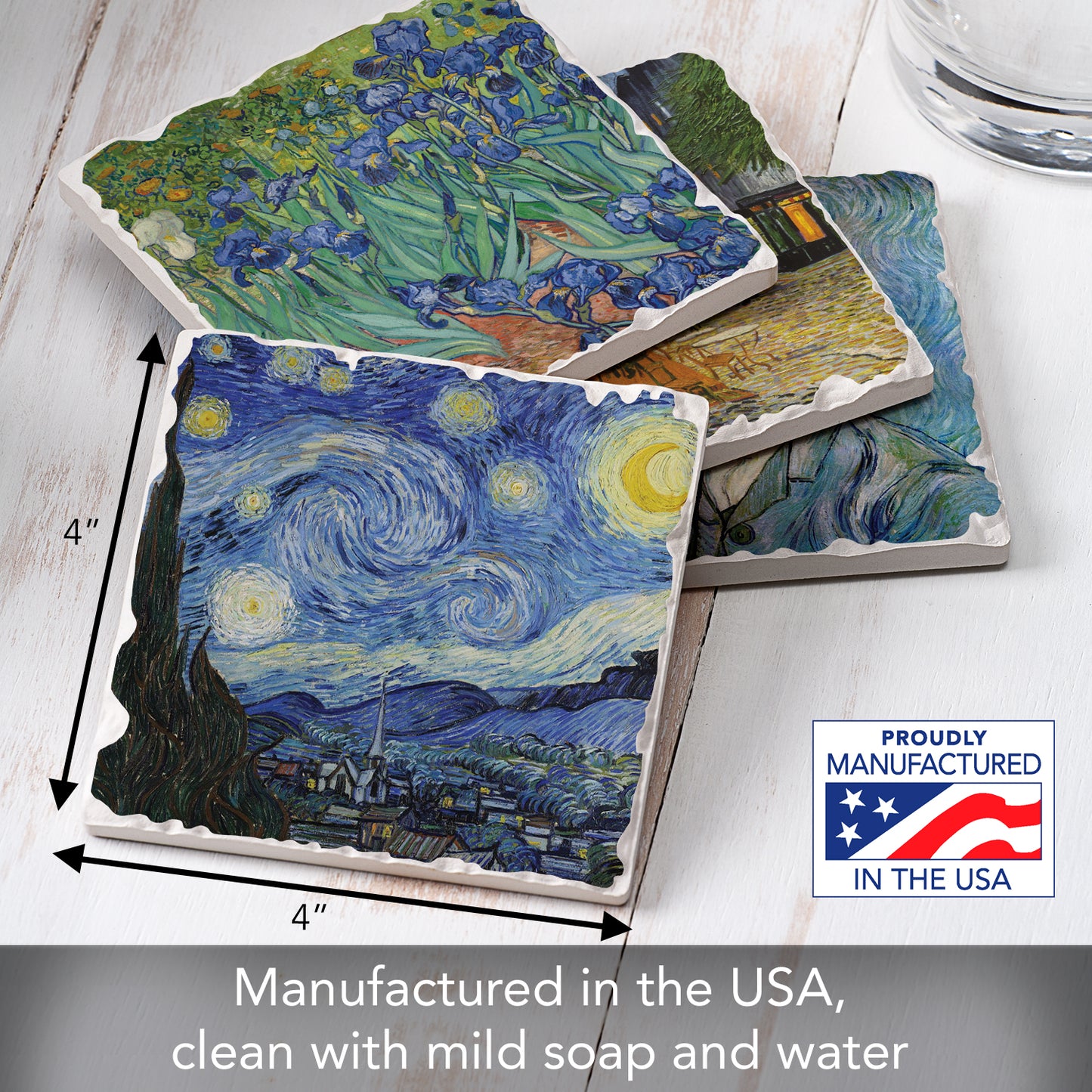Thirstystone Van Gogh Classics 4-Pack Assorted Tumbled Tile Stone Coasters 4" Square