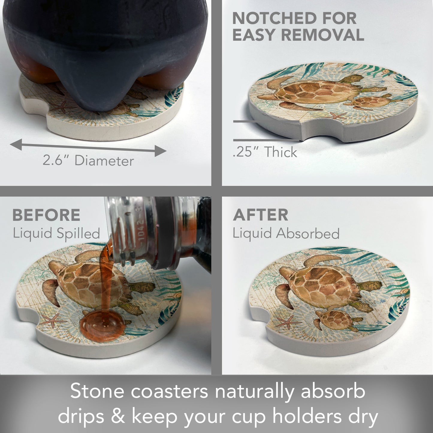 Thirstystone Monterey Bay Turtle Single Absorbent Stone Coaster for Vehicle Cup Holder 2.6” Diameter Manufactured in The USA
