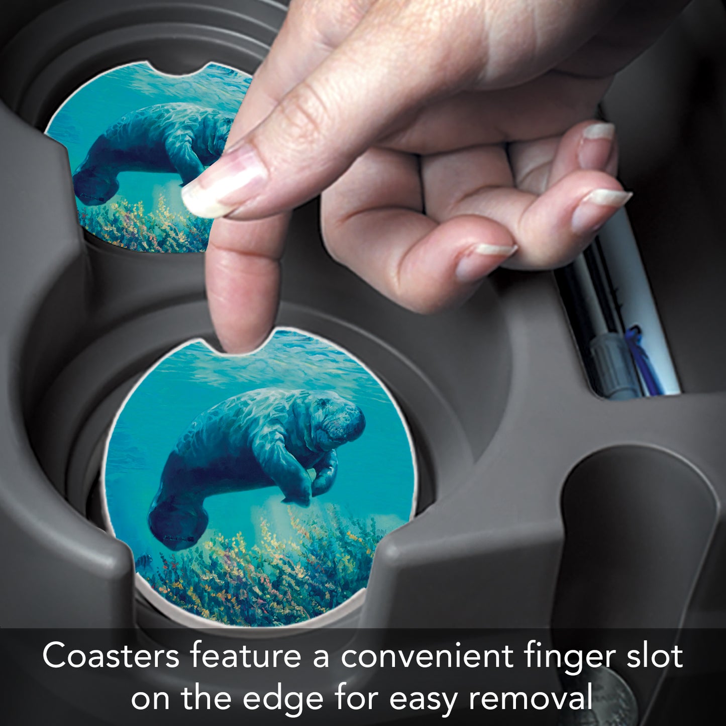 CounterArt Manatee Single Absorbnent Stone Coaster for Vehicle Cup Holder 2.6” Diameter Manufactured in The USA