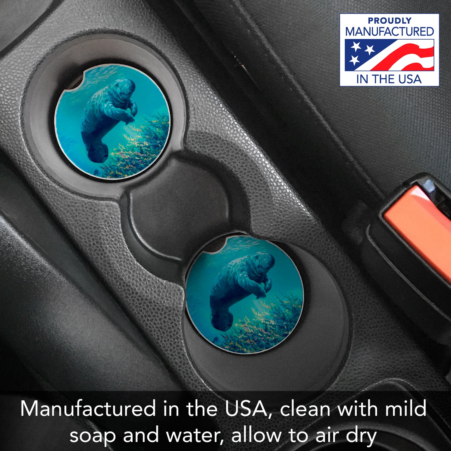 CounterArt Manatee Single Absorbnent Stone Coaster for Vehicle Cup Holder 2.6” Diameter Manufactured in The USA