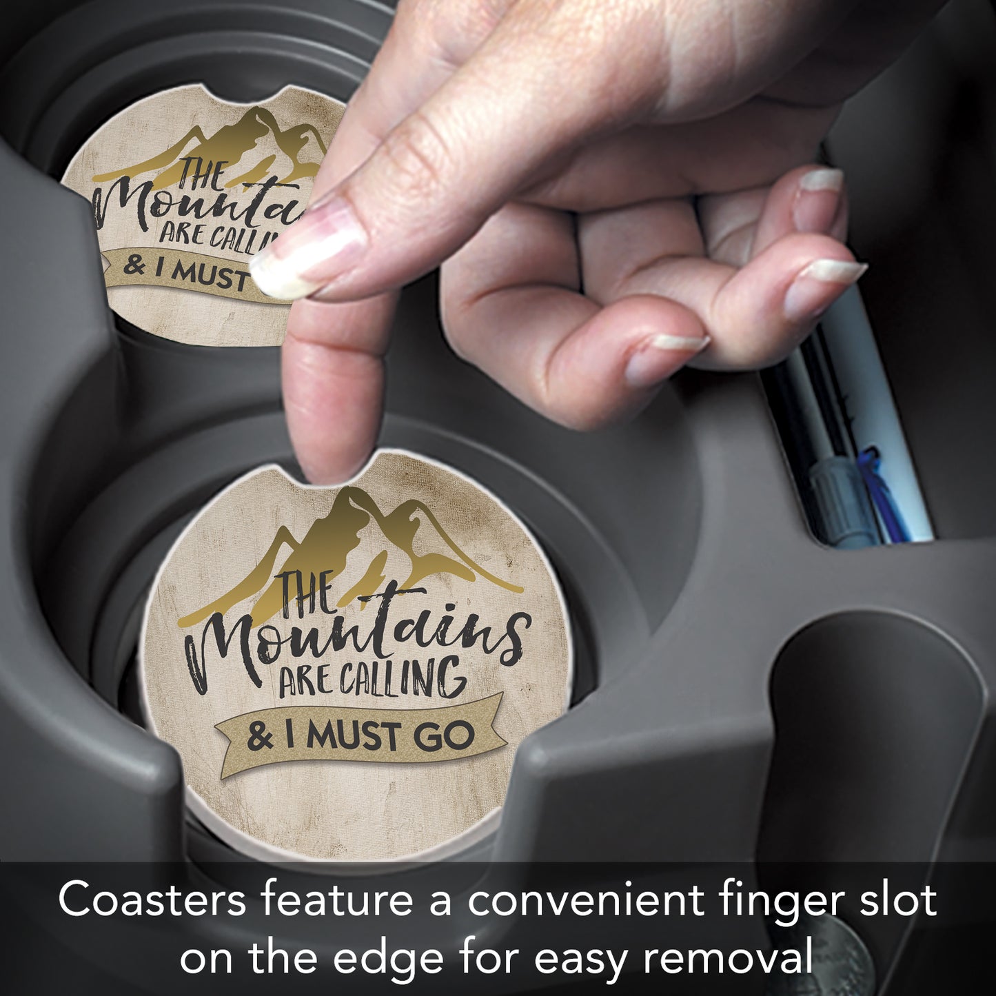 CounterArt Call of The Mountains Single Absorbnent Stone Coaster for Vehicle Cup Holder 2.6” Diameter Manufactured in The USA