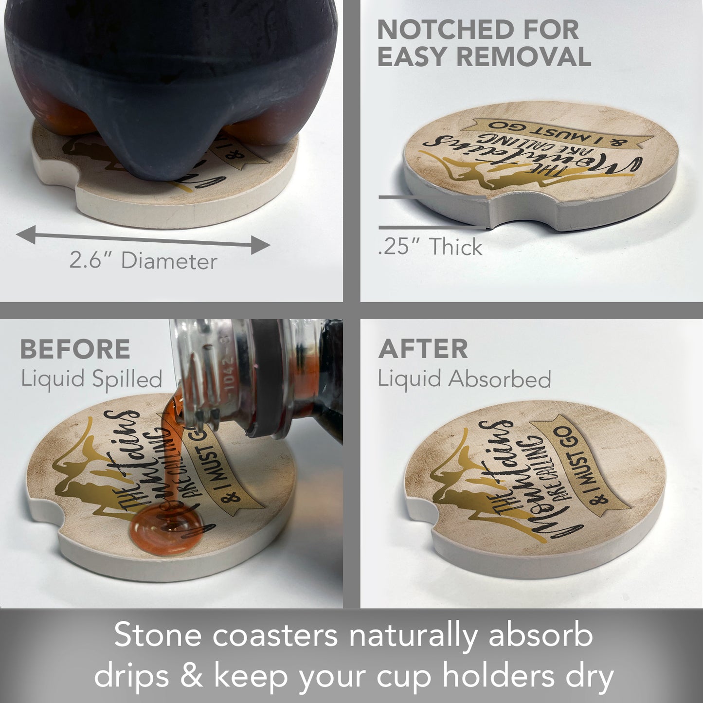 CounterArt Call of The Mountains Single Absorbnent Stone Coaster for Vehicle Cup Holder 2.6” Diameter Manufactured in The USA