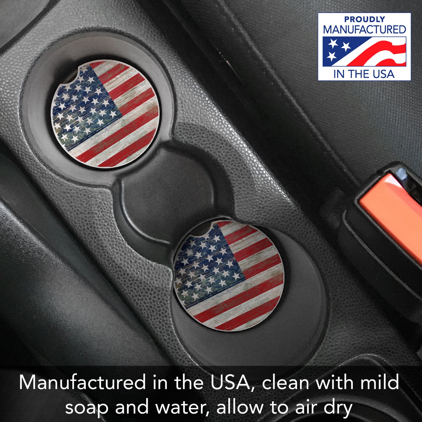 CounterArt Americana Single Absorbnent Stone Coaster for Vehicle Cup Holder 2.6” Diameter Manufactured in The USA