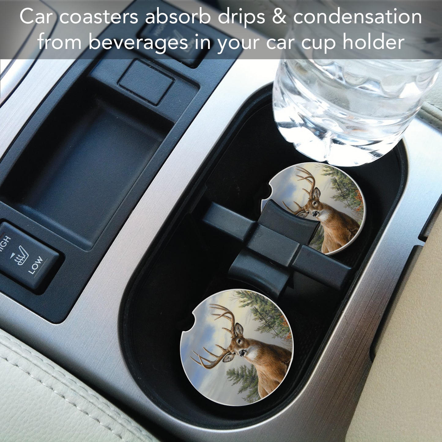 CounterArt Morning Buck Single Absorbent Stone Coaster for Vehicle Cup Holder 2.6” Diameter Manufactured in The USA