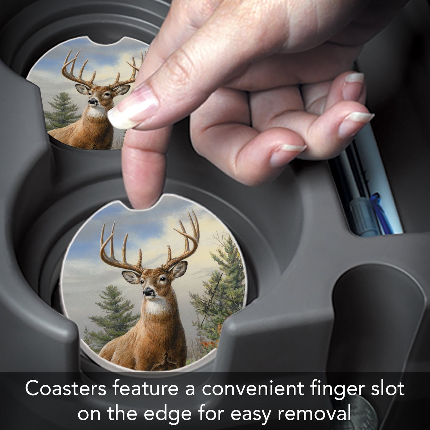 CounterArt Morning Buck Single Absorbent Stone Coaster for Vehicle Cup Holder 2.6” Diameter Manufactured in The USA