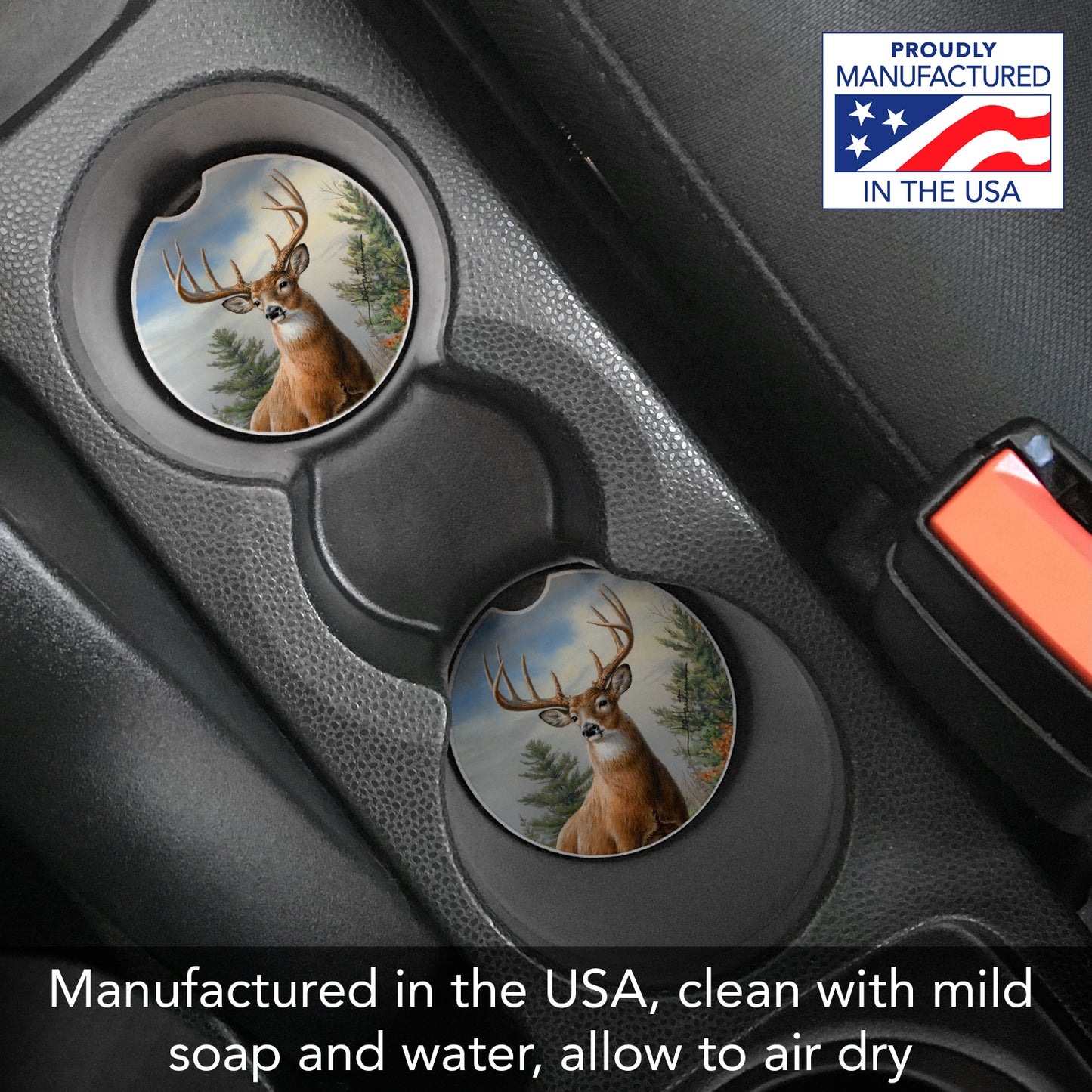CounterArt Morning Buck Single Absorbent Stone Coaster for Vehicle Cup Holder 2.6” Diameter Manufactured in The USA