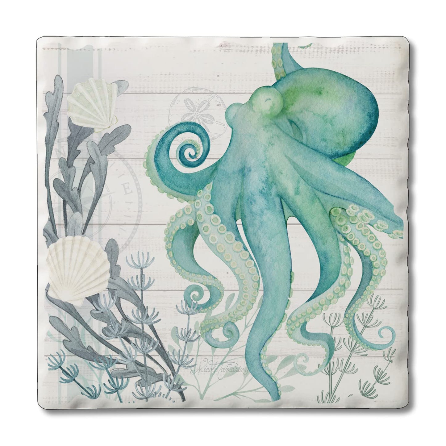 Thirstystone Beach Therapy Octopus Single Tumbled Tile Stone Coaster with Protective Cork Backing Manufactured in The USA 4" Square, Colorful, Artistic, Easily Wipes Clean
