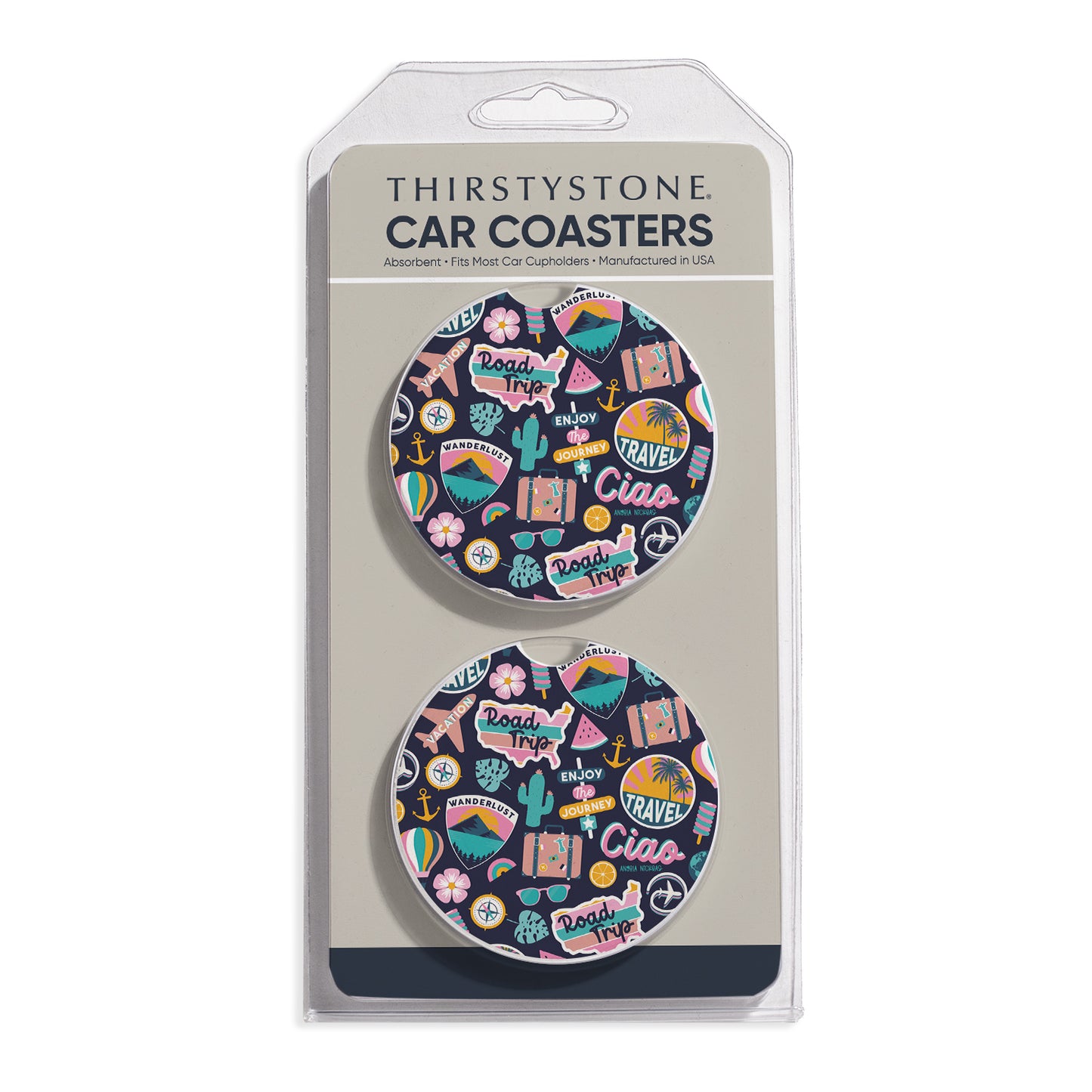 Around the World 2 Pack Absorbent Stone Car Coasters 2.6" Manufactured in the USA