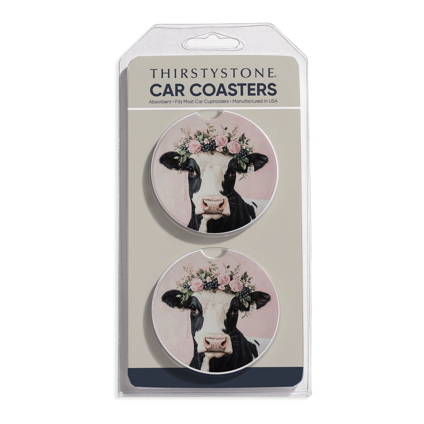 Charming Cow 2 Pack Absorbent Stone Car Coasters 2.6" Manufactured in the USA