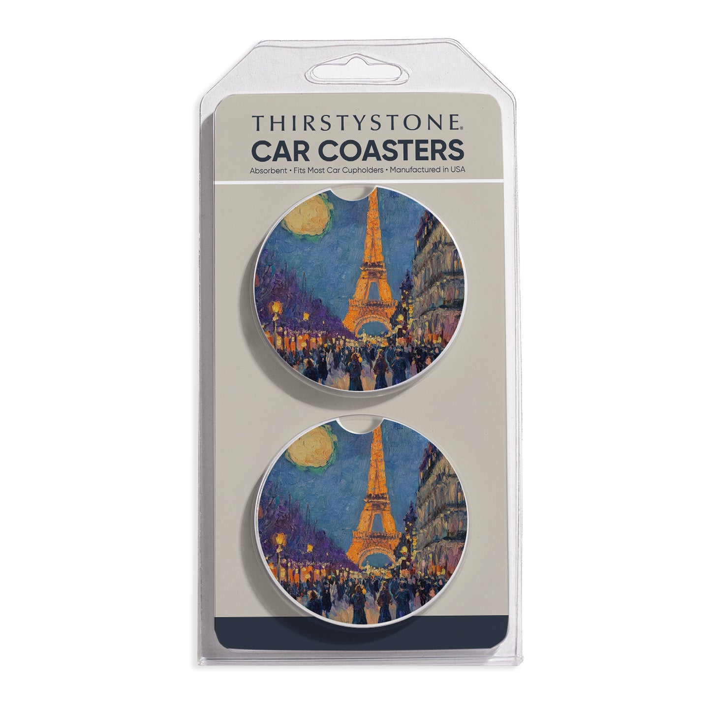 Paris Street Scene 2 Pack Absorbent Stone Car Coasters 2.6" Manufactured in the USA