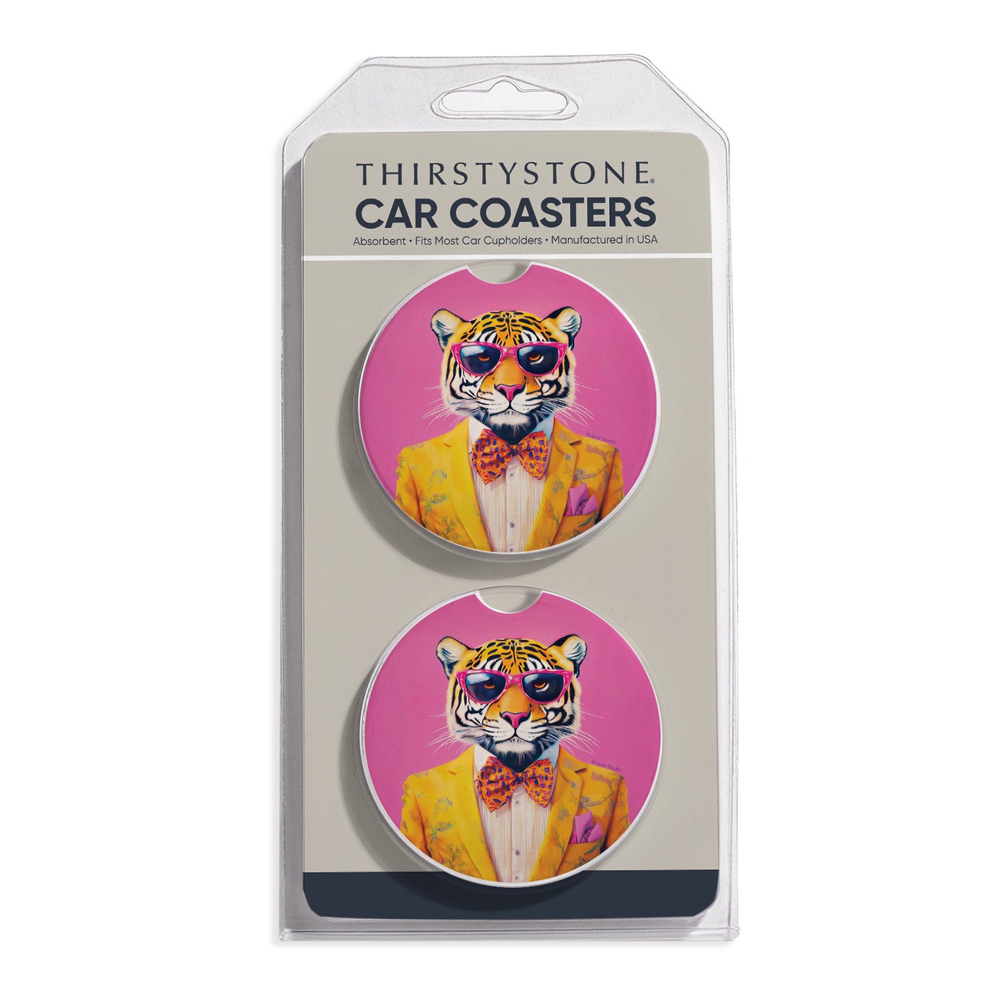 Joyful Jungle Cat 2 Pack Absorbent Stone Car Coasters 2.6" Manufactured in the USA