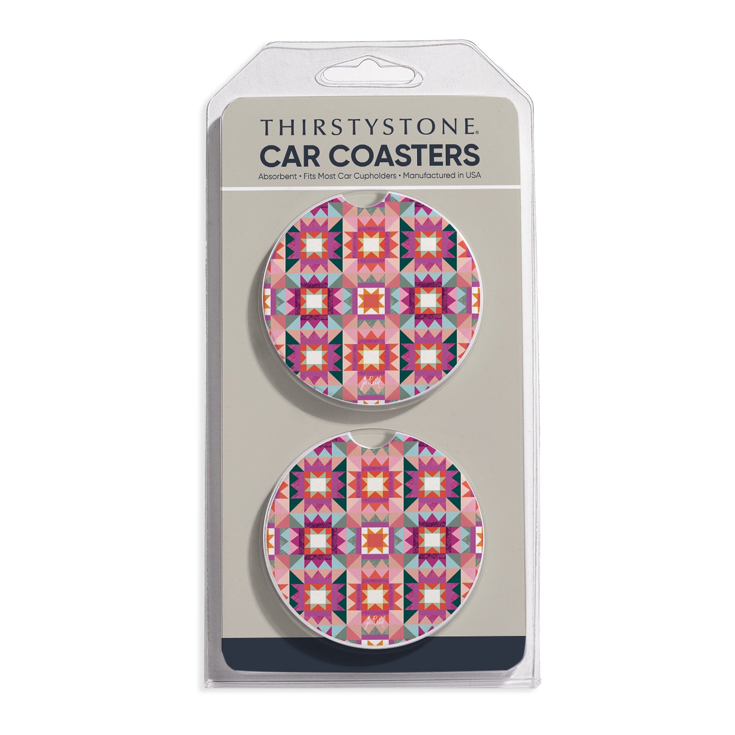 Vintage Patchwork 2 Pack Absorbent Stone Car Coasters 2.6" Manufactured in the USA