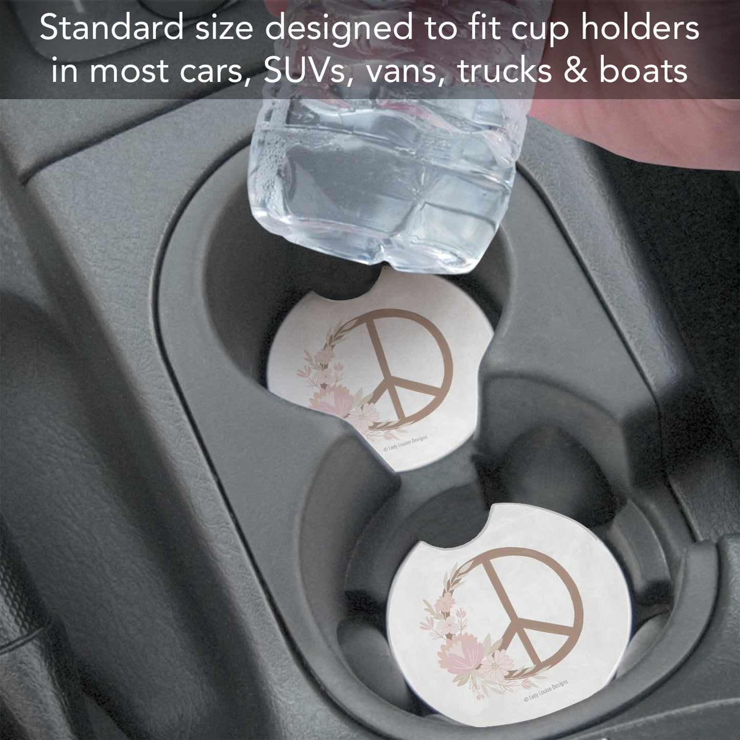 Floral Peace 2 Pack Absorbent Stone Car Coasters 2.6" Manufactured in the USA
