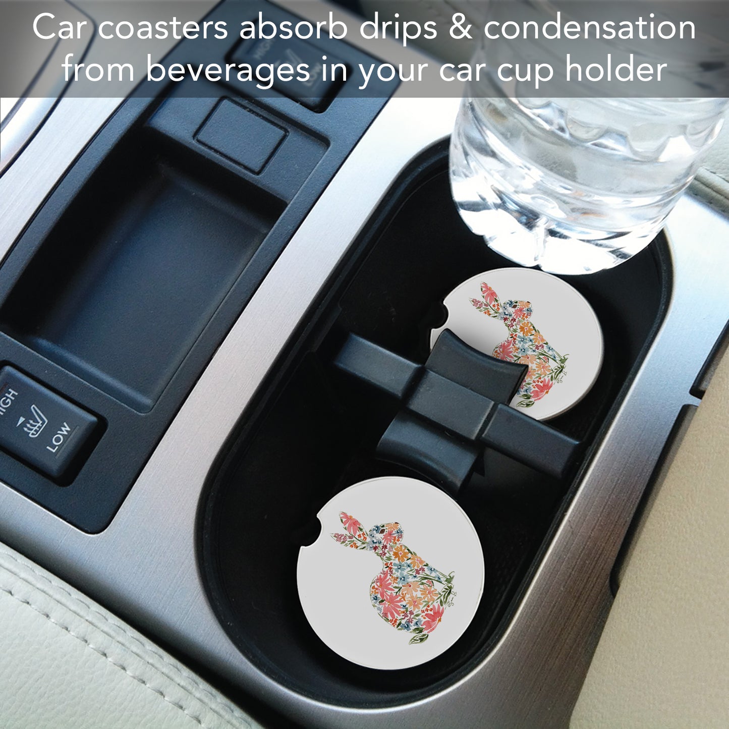 Floral Bunny 2 Pack Absorbent Stone Car Coasters 2.6" Manufactured in the USA