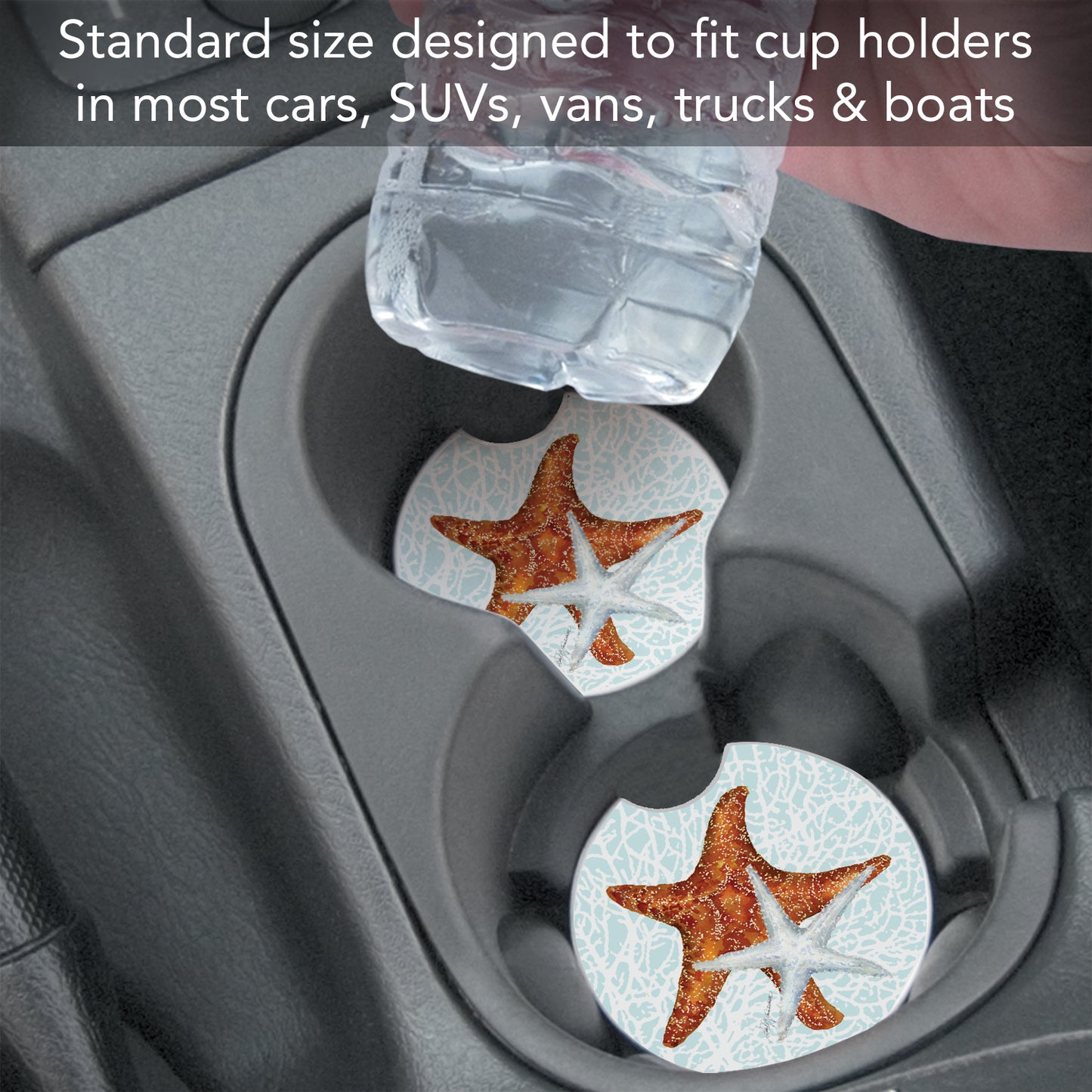 Seas the Day Starfish 2 Pack Absorbent Stone Car Coasters 2.6" Manufactured in the USA