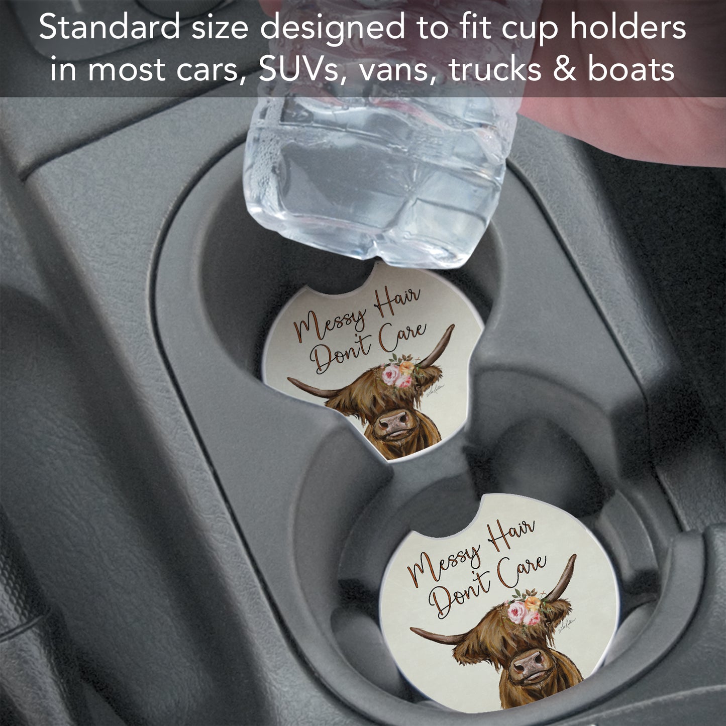 Messy Hair Cow 2 Pack Absorbent Stone Car Coasters 2.6" Manufactured in the USA