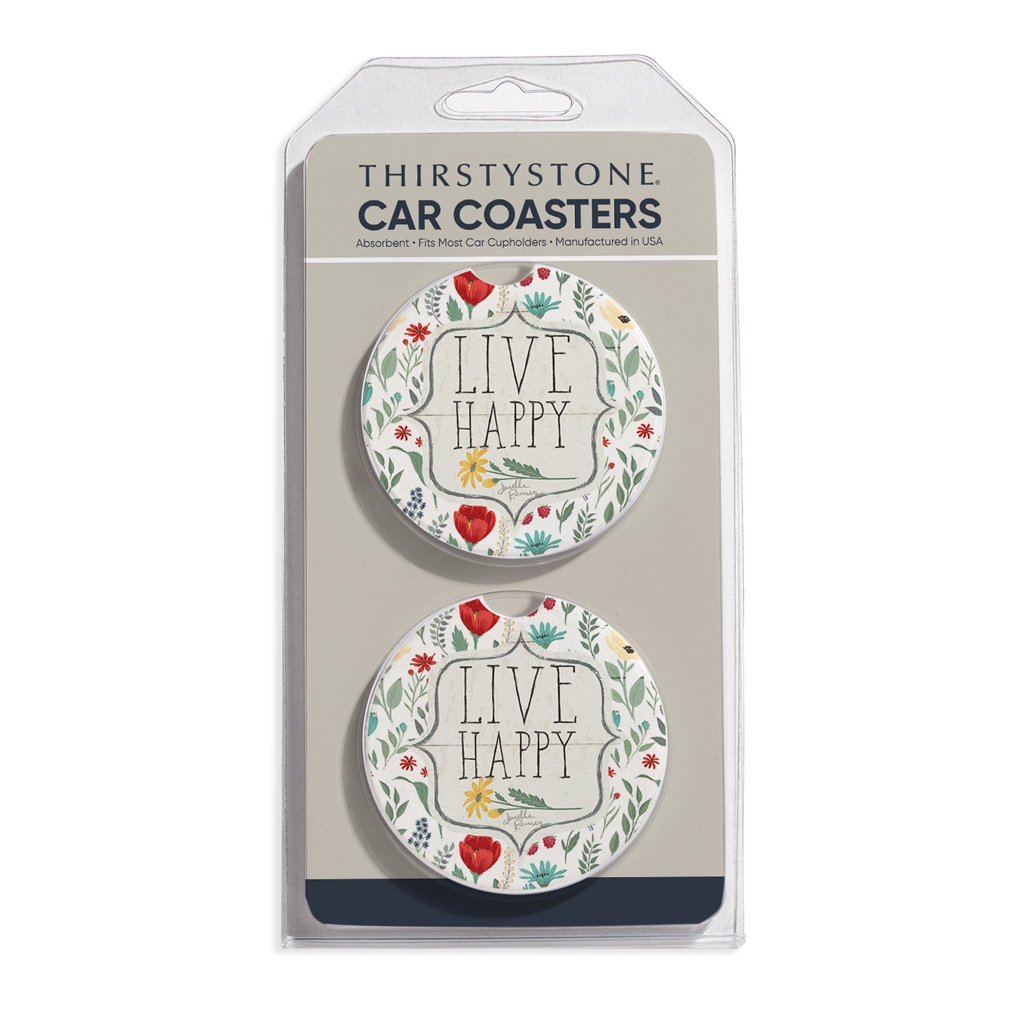 Live Happy 2 Pack Absorbent Stone Car Coasters 2.6" Manufactured in the USA