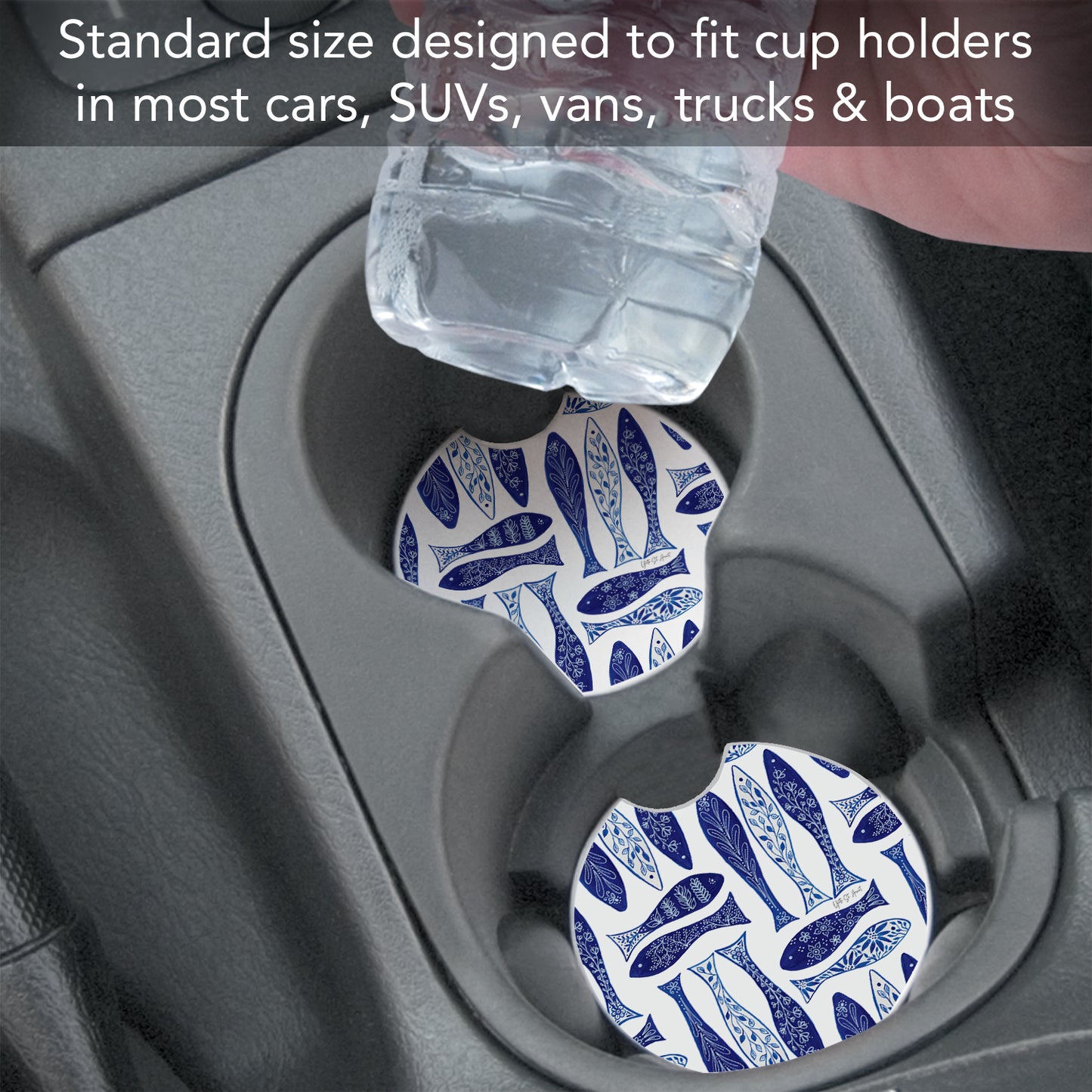Blue Fish 2 Pack Absorbent Stone Car Coasters 2.6" Manufactured in the USA