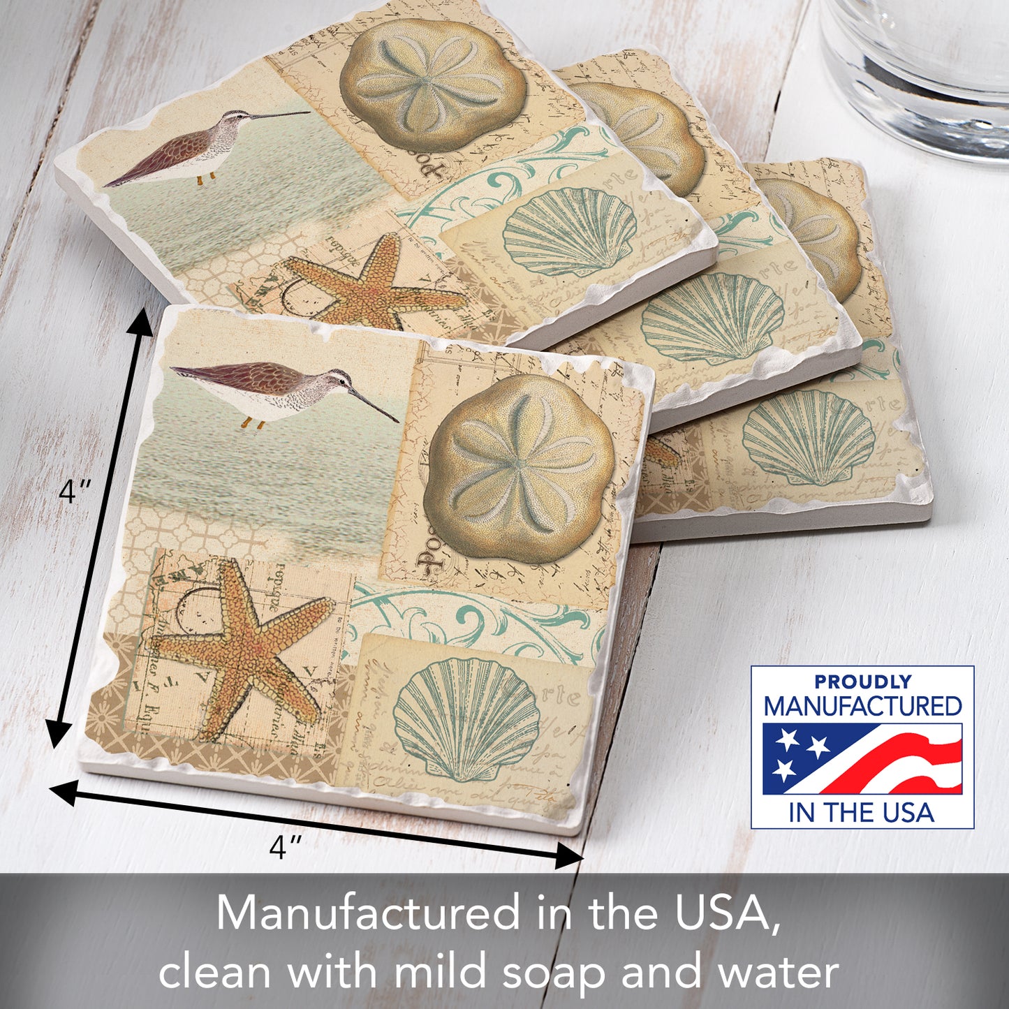 Thirstystone Shell Collage 4 Pack Tumbled Tile Stone Coasters 4" Square Manufactured in the USA