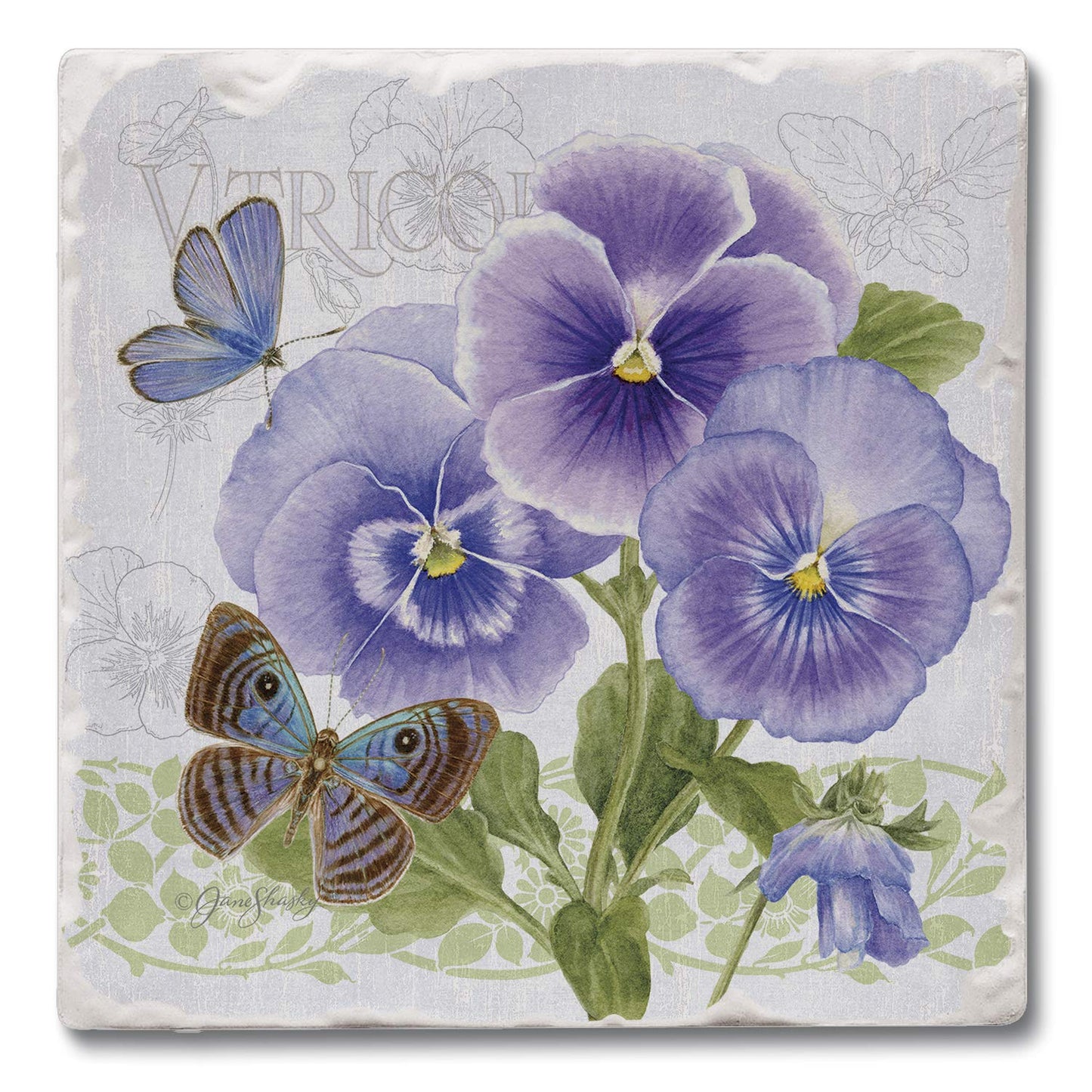 Thirstystone Purple Pansies Single Tumbled Tile Stone Coaster with Protective Cork Backing Manufactured in The USA 4" Square, Artistic, Easily Wipes Clean