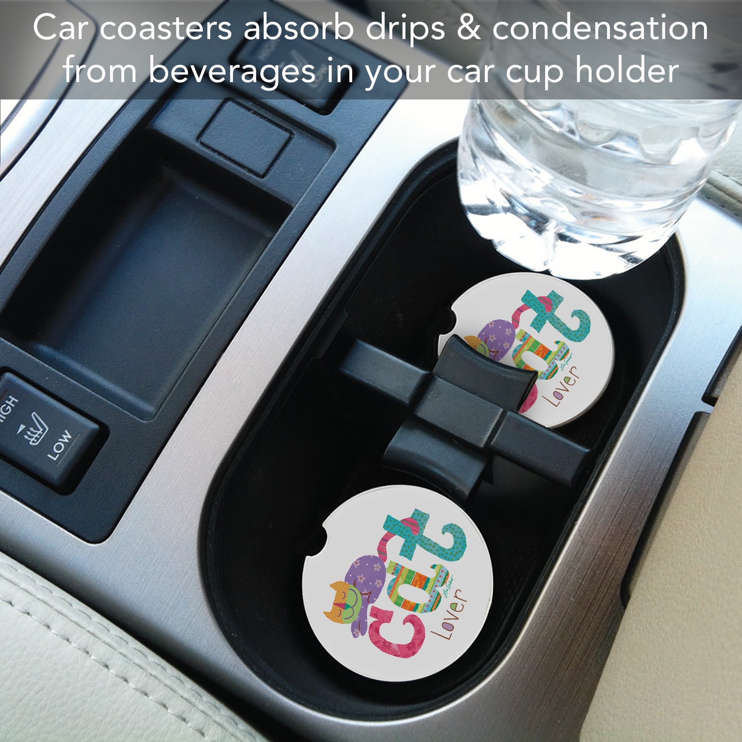 CounterArt Cat Lover Single Absorbnent Stone Coaster for Vehicle Cup Holder 2.6” Diameter Manufactured in The USA