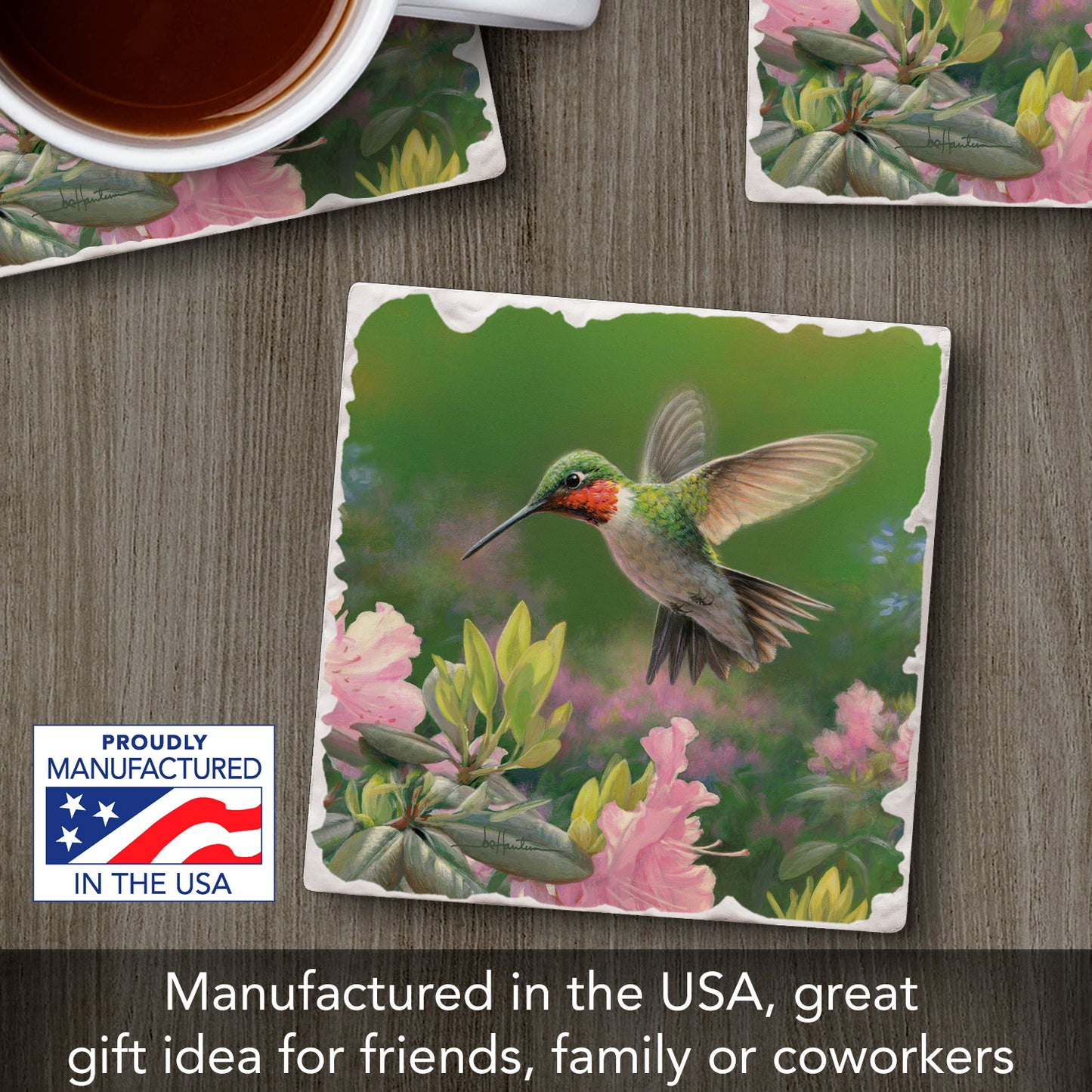 Thirstystone Hummingbird Nectar Single Tumbled Tile Stone Coaster with Protective Cork Backing Manufactured in The USA 4" Square, Artistic, Easily Wipes Clean
