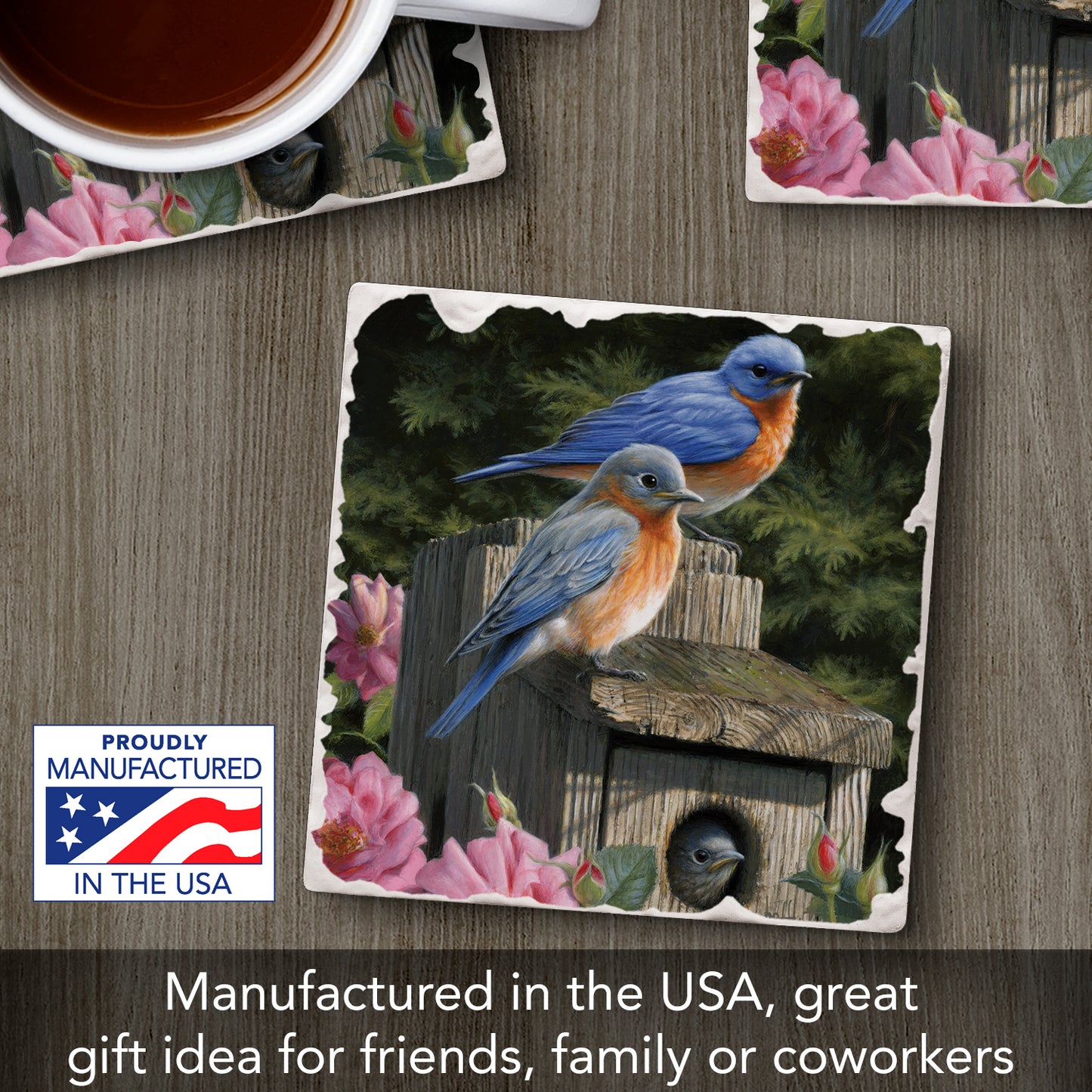 Thirstystone Bluebird Family Single Tumbled Tile Stone Coaster with Protective Cork Backing Manufactured in The USA 4" Square, Artistic, Easily Wipes Clean