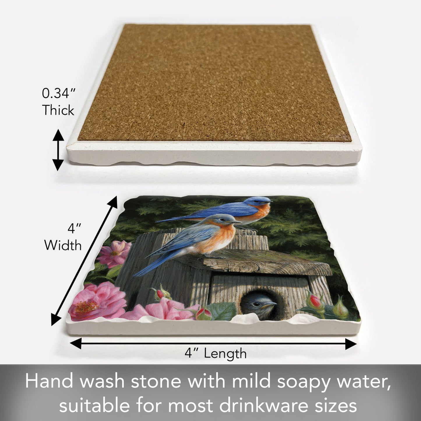 Thirstystone Bluebird Family Single Tumbled Tile Stone Coaster with Protective Cork Backing Manufactured in The USA 4" Square, Artistic, Easily Wipes Clean