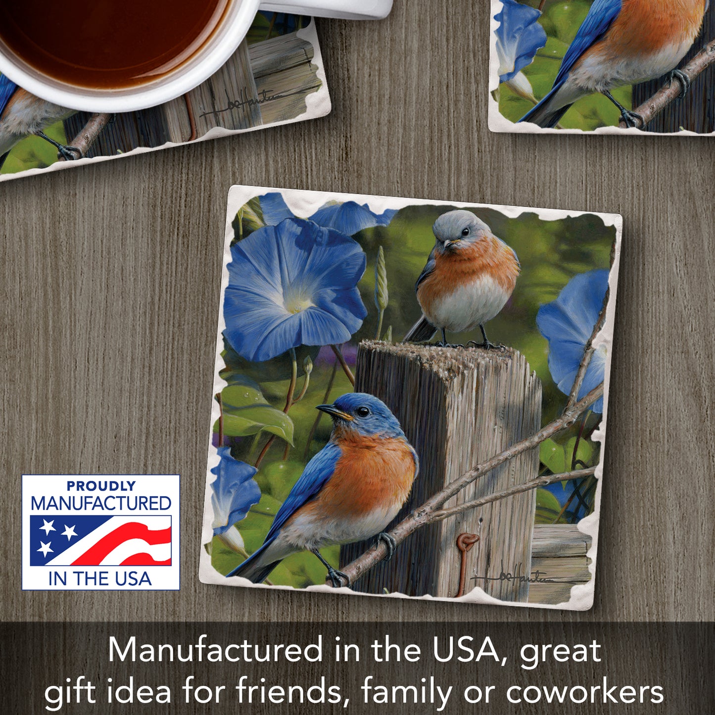 Thirstystone Pair of Bluebirds Single Tumbled Tile Stone Coaster with Protective Cork Backing Manufactured in The USA 4" Square, Artistic, Easily Wipes Clean