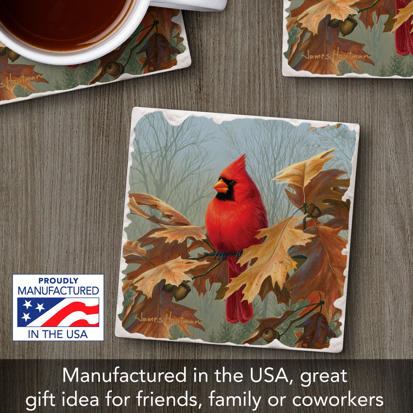 Thirstystone Fall Cardinal Single Tumbled Tile Stone Coaster with Protective Cork Backing Manufactured in The USA 4" Square, Artistic, Easily Wipes Clean