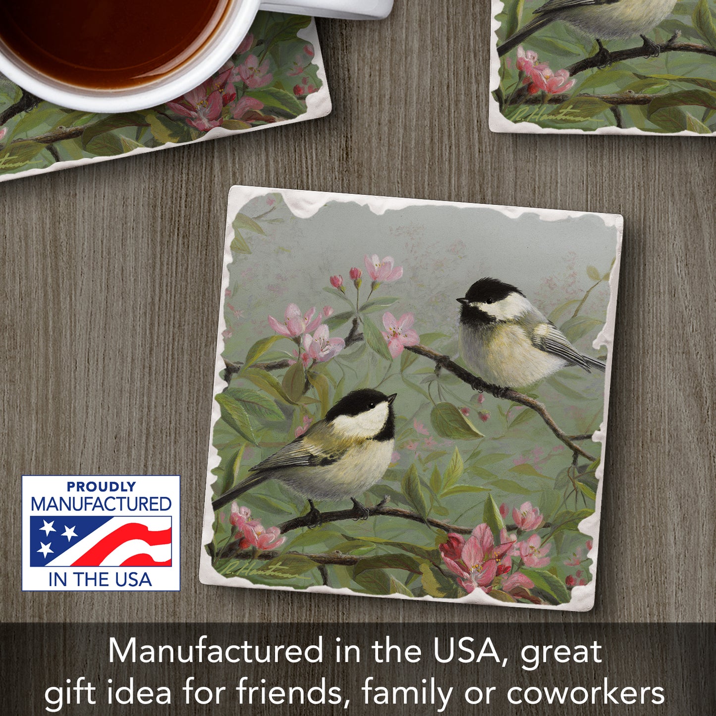 Thirstystone Chickadees on Branch Single Tumbled Tile Stone Coaster with Protective Cork Backing Manufactured in The USA 4" Square, Artistic, Easily Wipes Clean