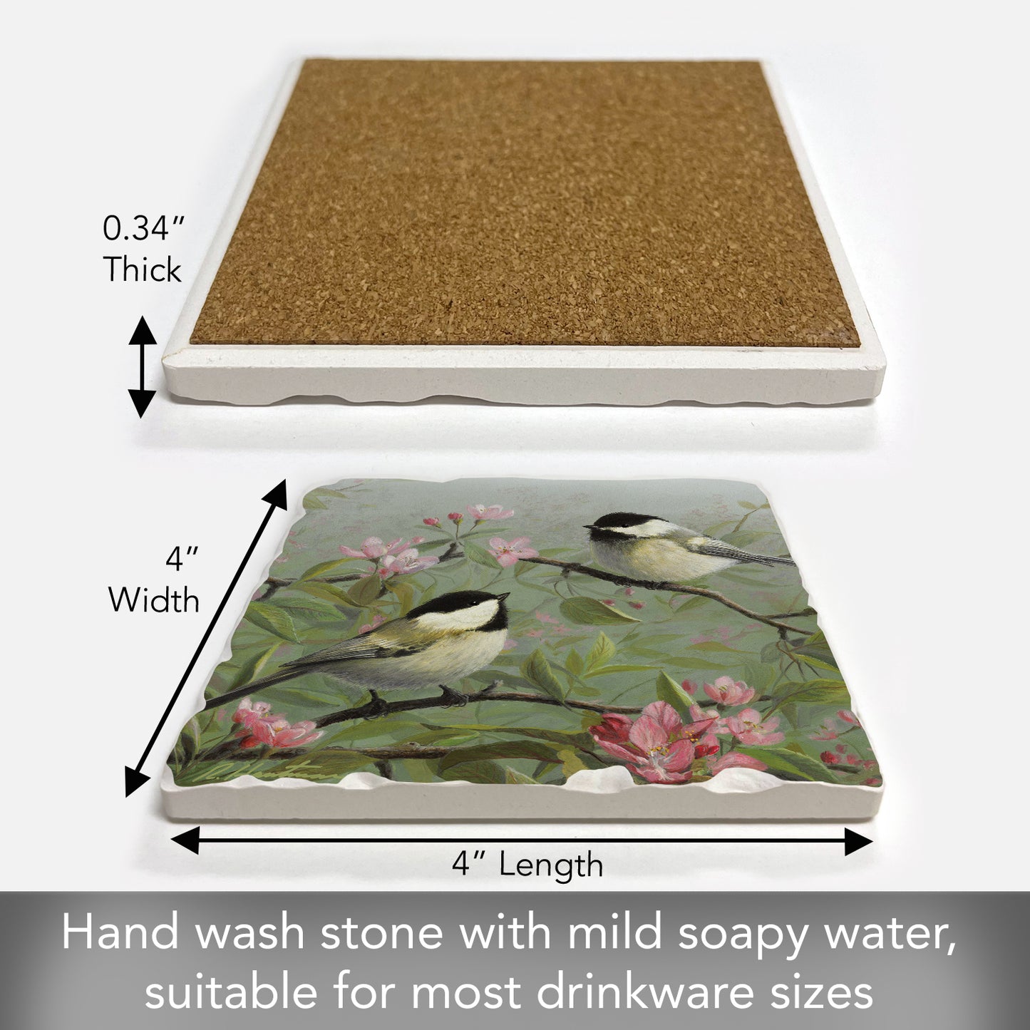 Thirstystone Chickadees on Branch Single Tumbled Tile Stone Coaster with Protective Cork Backing Manufactured in The USA 4" Square, Artistic, Easily Wipes Clean