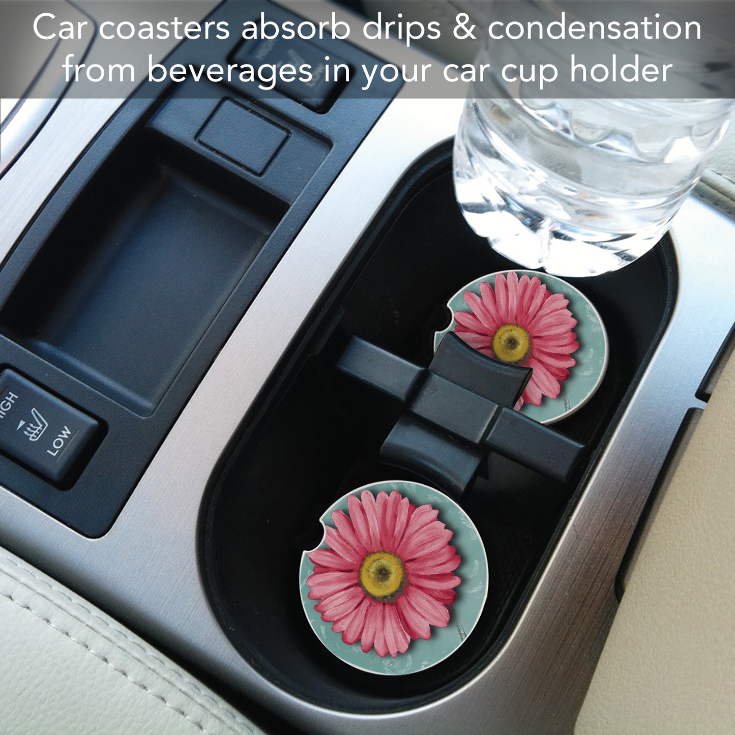 CounterArt Blooming Daisy Single Absorbnent Stone Coaster for Vehicle Cup Holder 2.6” Diameter Manufactured in The USA