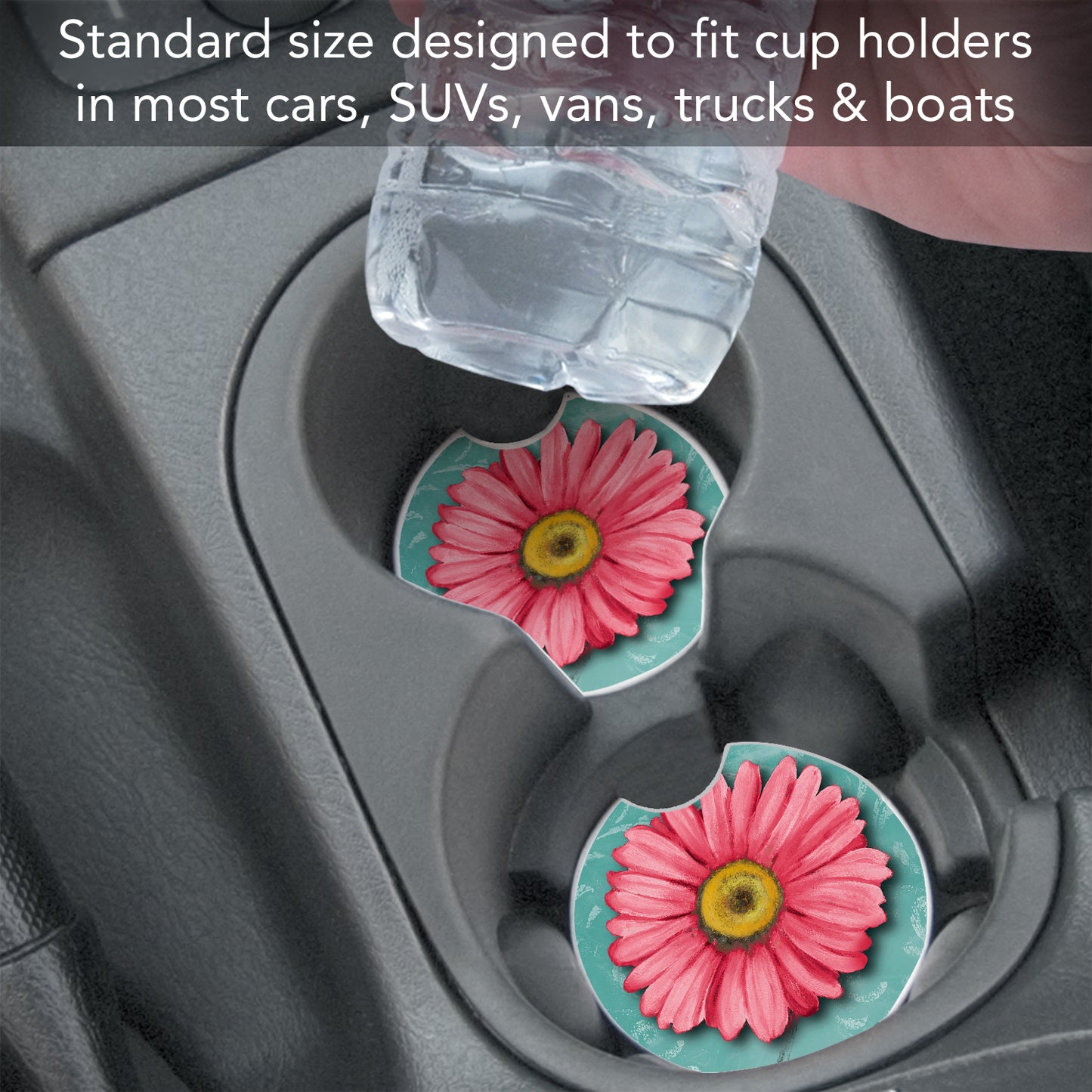 CounterArt Blooming Daisy Single Absorbnent Stone Coaster for Vehicle Cup Holder 2.6” Diameter Manufactured in The USA