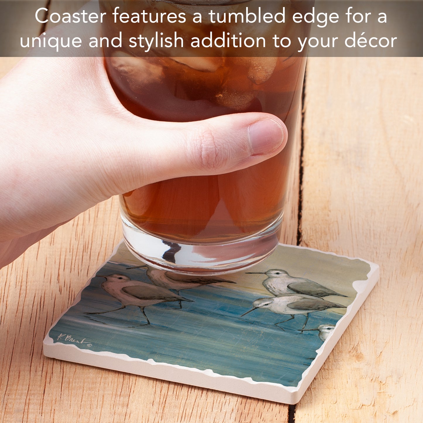 Thirstystone Beach Sandpipers Single Tumbled Tile Stone Coaster with Protective Cork Backing Manufactured in The USA 4" Square, Colorful, Artistiic, Easily Wipes Clean
