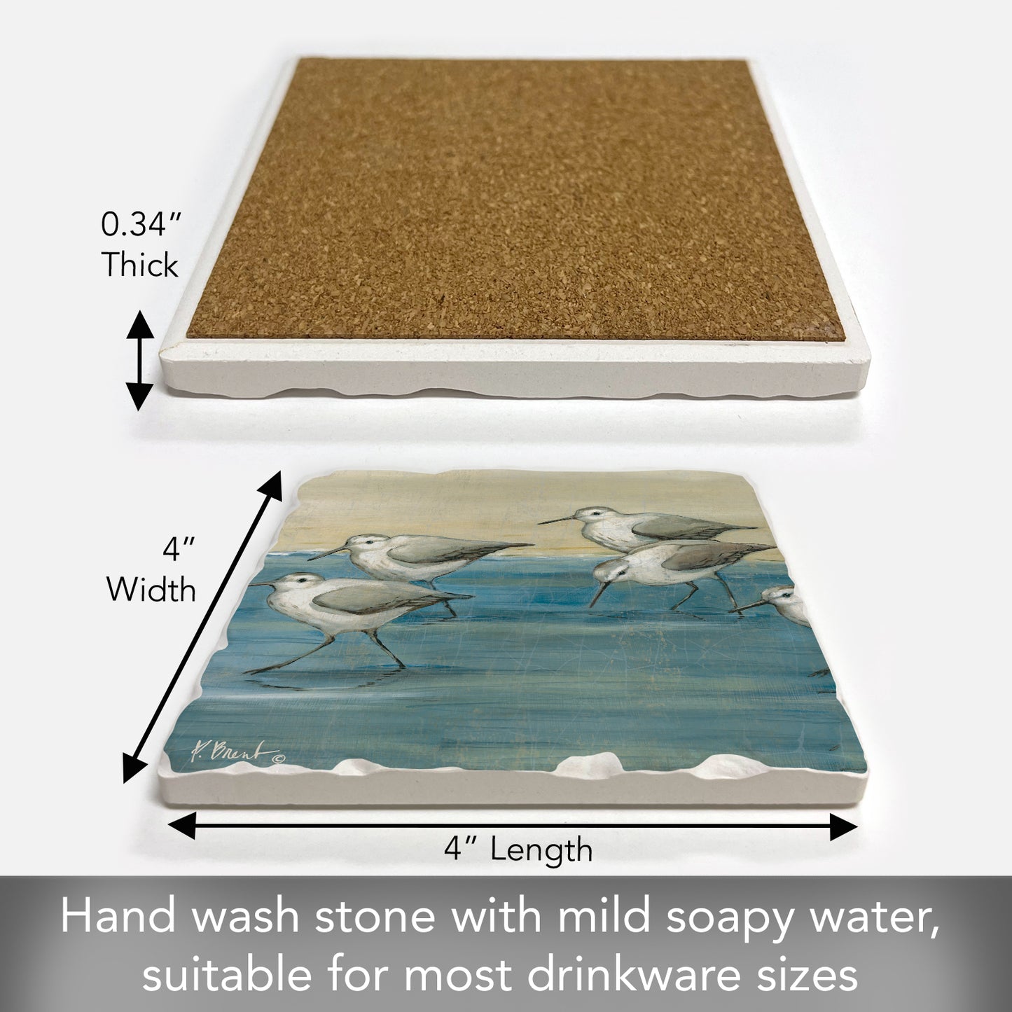 Thirstystone Beach Sandpipers Single Tumbled Tile Stone Coaster with Protective Cork Backing Manufactured in The USA 4" Square, Colorful, Artistiic, Easily Wipes Clean