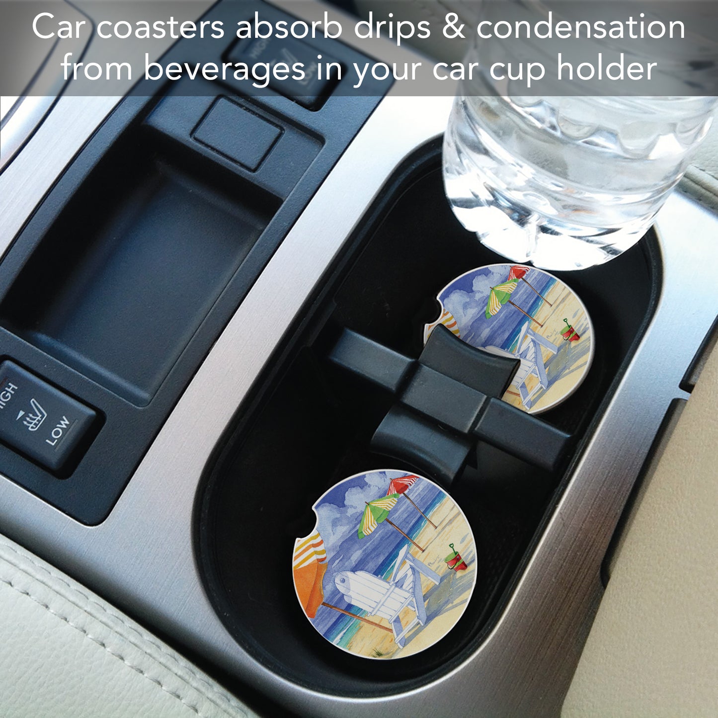 CounterArt Beach Umbrella Single Absorbnent Stone Coaster for Vehicle Cup Holder 2.6” Diameter Manufactured in The USA