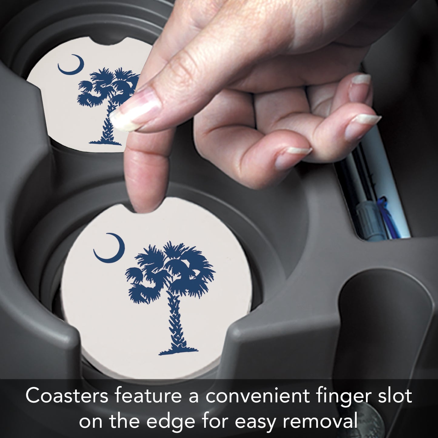 CounterArt Palmetto Blue Single Absorbnent Stone Coaster for Vehicle Cup Holder 2.6” Diameter Manufactured in The USA
