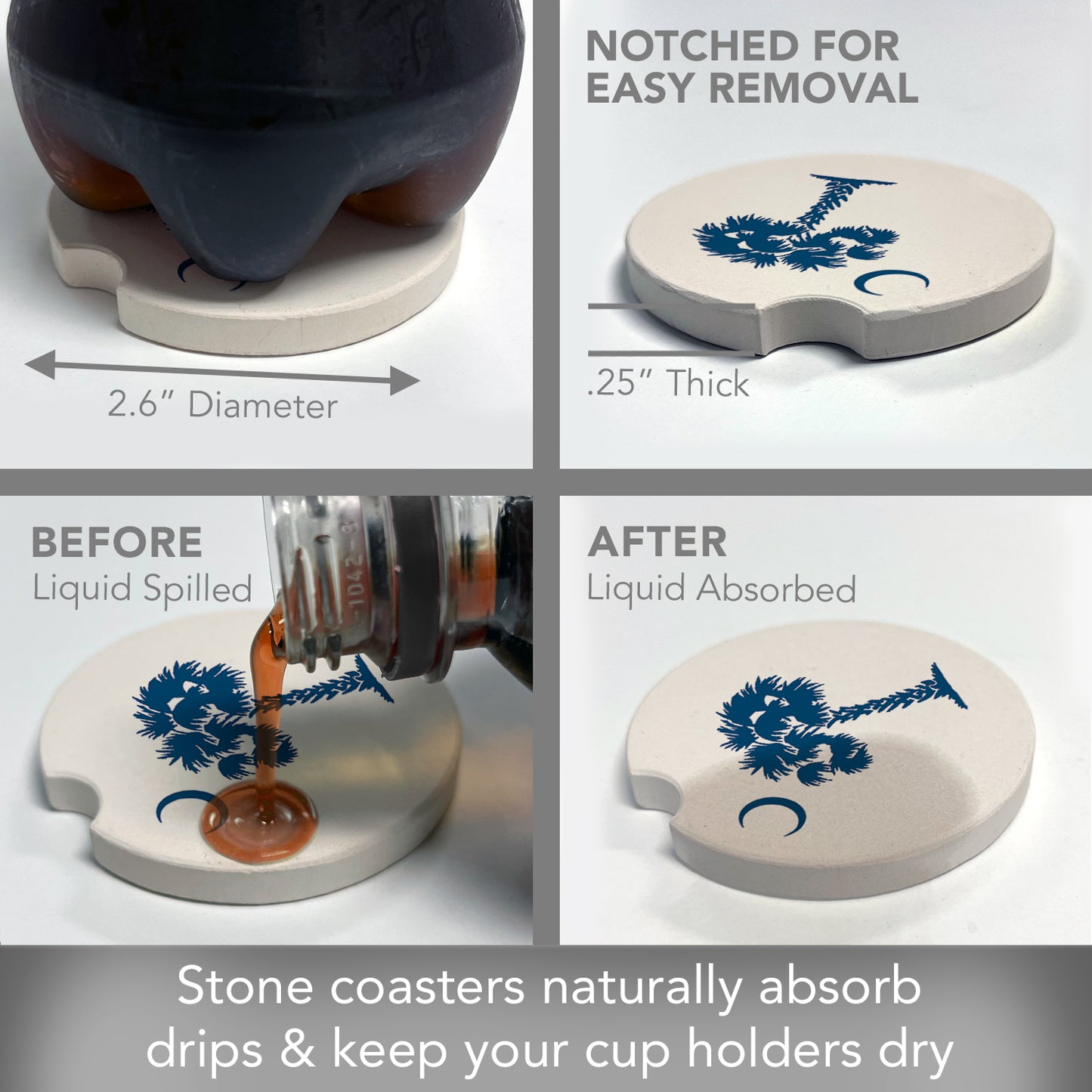 CounterArt Palmetto Blue Single Absorbnent Stone Coaster for Vehicle Cup Holder 2.6” Diameter Manufactured in The USA