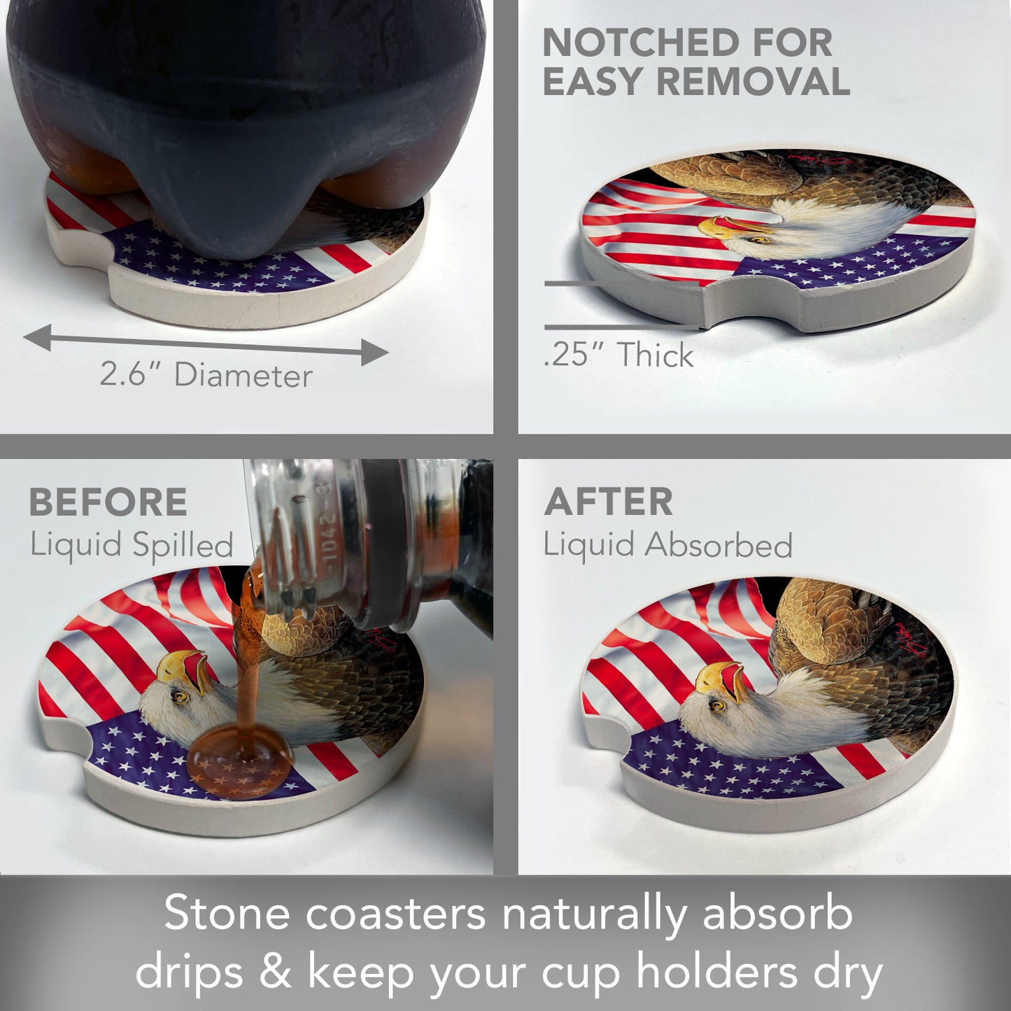 CounterArt Eagle & Flag Single Absorbnent Stone Coaster for Vehicle Cup Holder 2.6” Diameter Manufactured in The USA