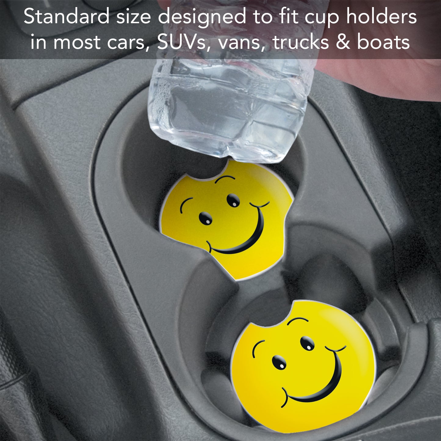 CounterArt Happy Face Single Absorbnent Stone Coaster for Vehicle Cup Holder 2.6” Diameter Manufactured in The USA