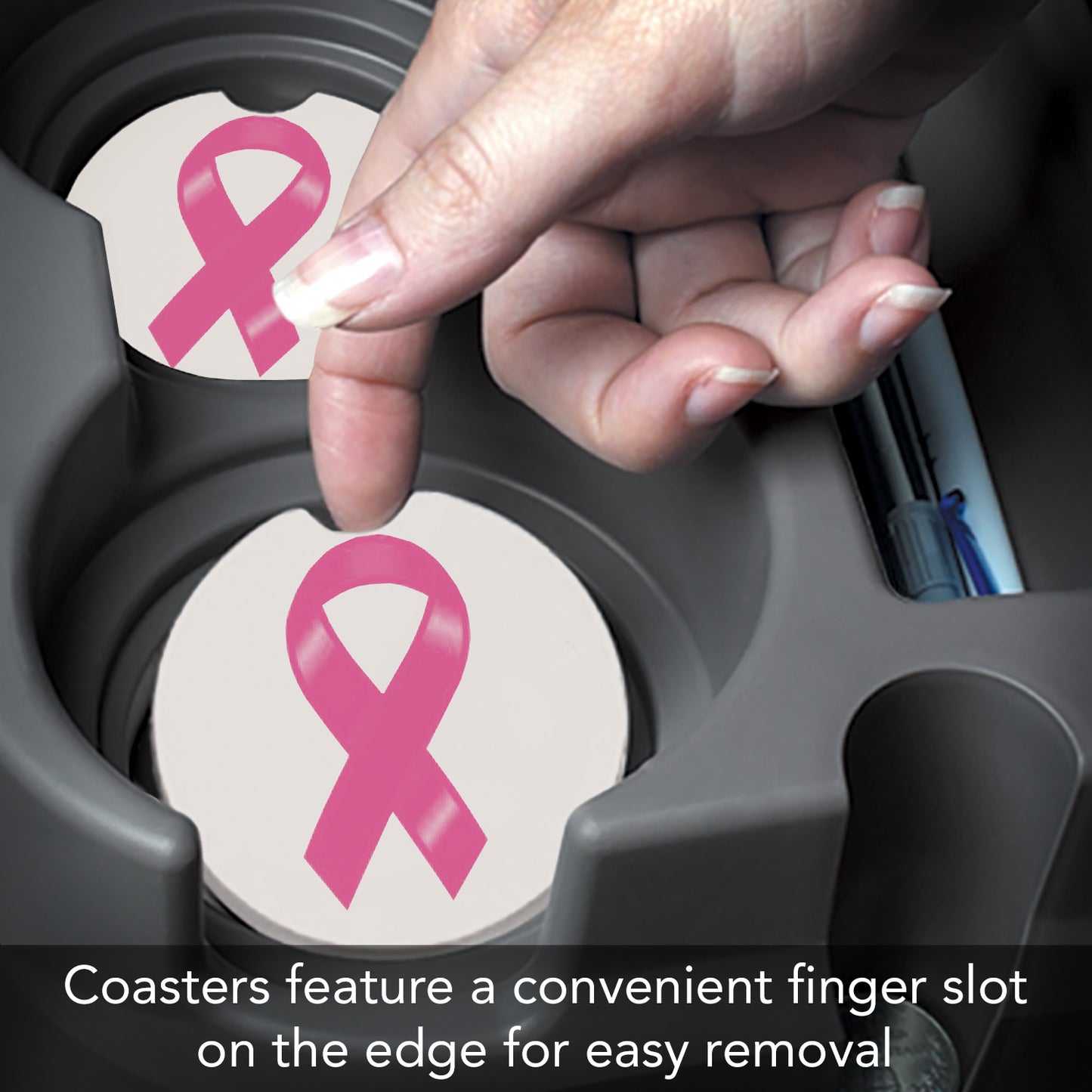 CounterArt Breast Cancer Ribbon Single Absorbnent Stone Coaster for Vehicle Cup Holder 2.6” Diameter Manufactured in The USA