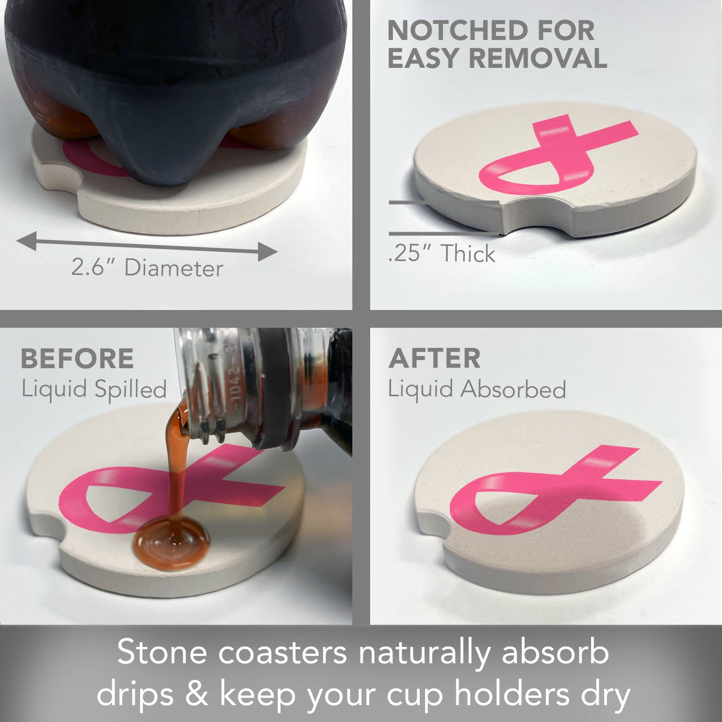 CounterArt Breast Cancer Ribbon Single Absorbnent Stone Coaster for Vehicle Cup Holder 2.6” Diameter Manufactured in The USA