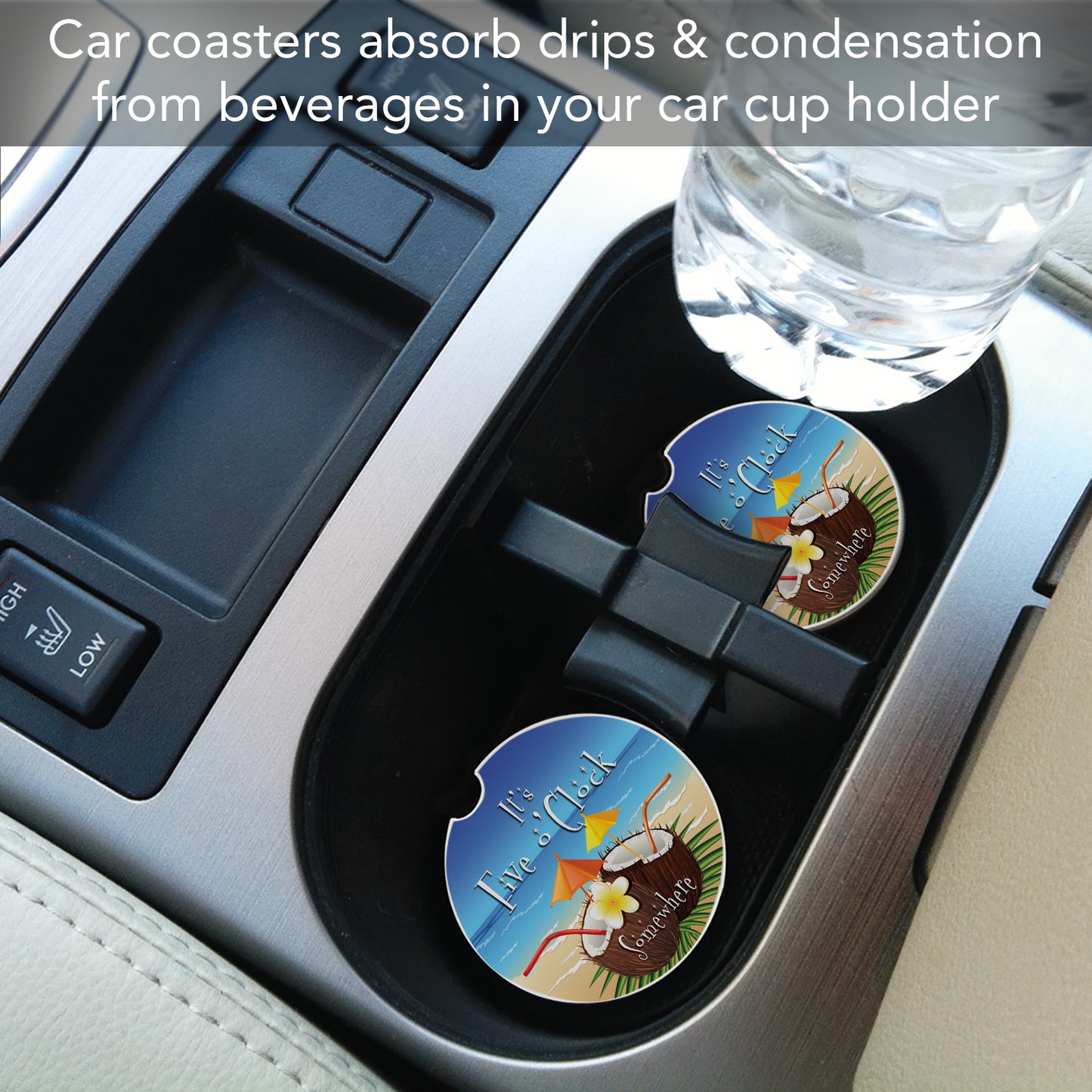 Five O'Clock Coconut Single Absorbent Stone Car Coaster 2.6” Diameter Manufactured in the USA