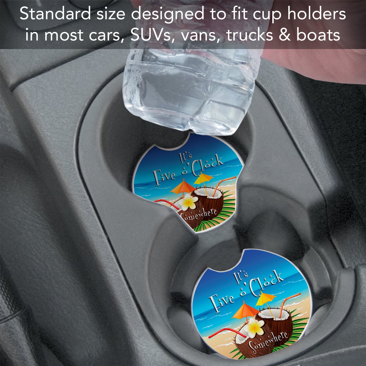 Five O'Clock Coconut Single Absorbent Stone Car Coaster 2.6” Diameter Manufactured in the USA