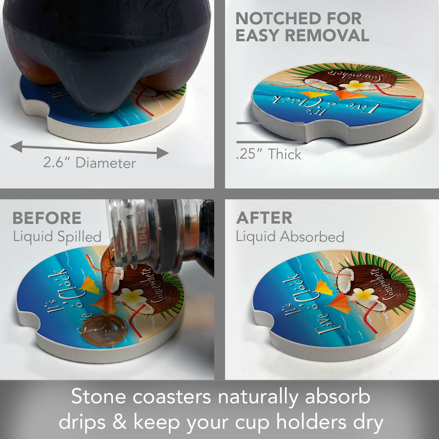 CounterArt Five O'Clock Coconut Single Absorbnent Stone Coaster for Vehicle Cup Holder 2.6” Diameter Manufactured in The USA