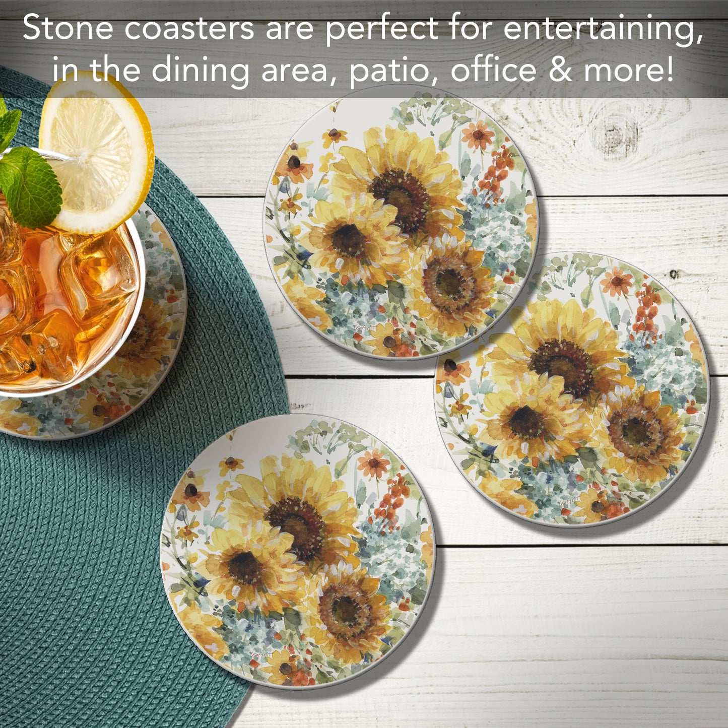 Thirstystone Sunflowers Forever 4 Pack Round Absorbent Stone Coasters 4" Diameter Manufactured in the USA