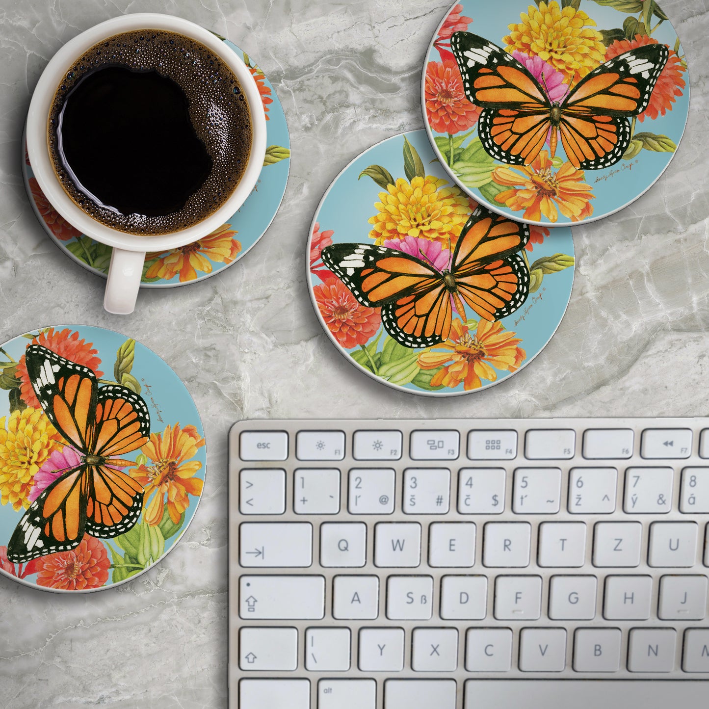 Thirstystone Monarch Butterfly 4 Pack Round Absorbent Stone Coasters 4" Diameter Manufactured in the USA